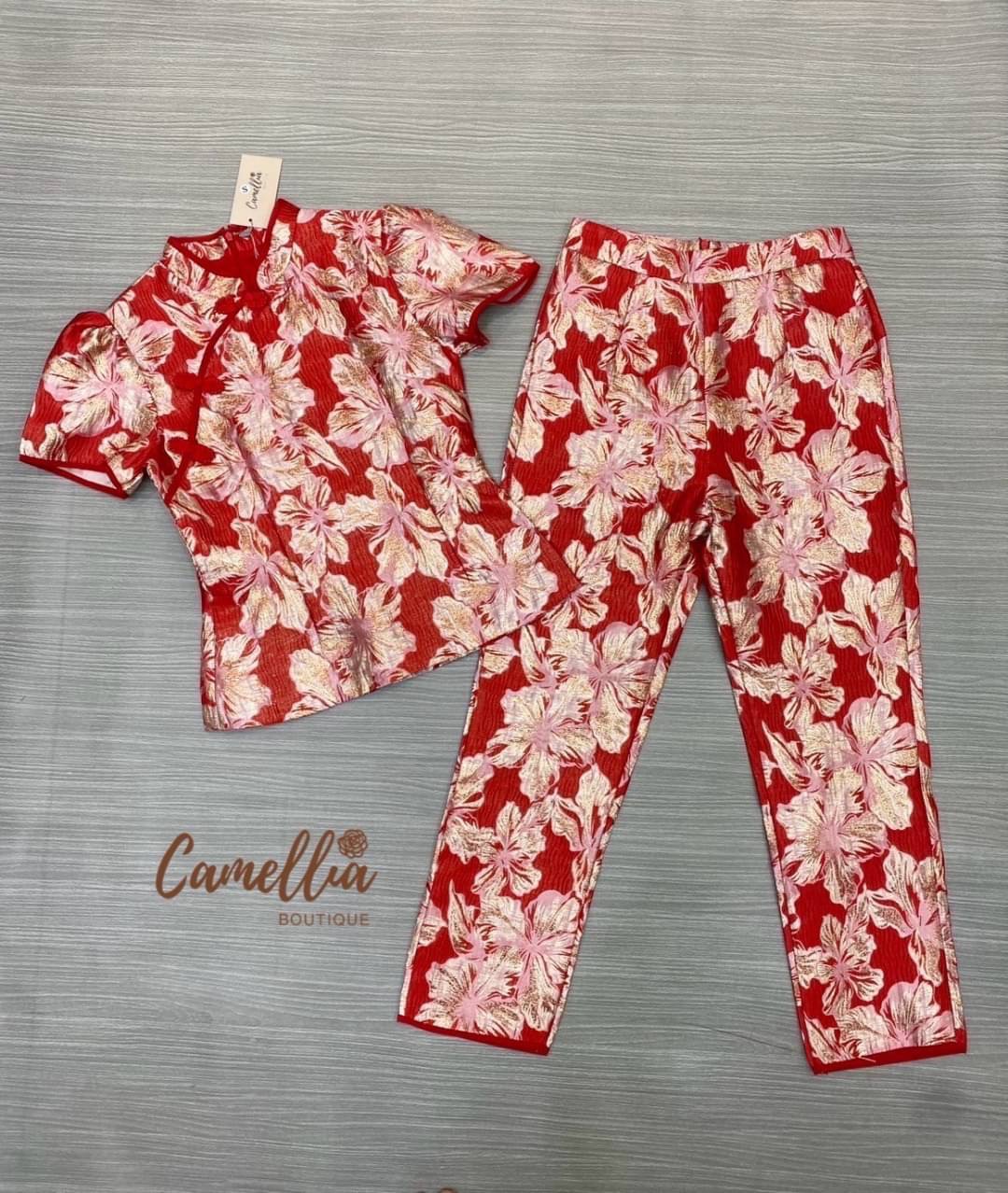 ชุดSetเสื้อคอจีนผ้าทอลายสวยหรูมากคะ มาพร้อมกางเกงยาว9 ส่วน ใส่สบาย : สินค้าคุณภาพ (พร้อมส่ง)