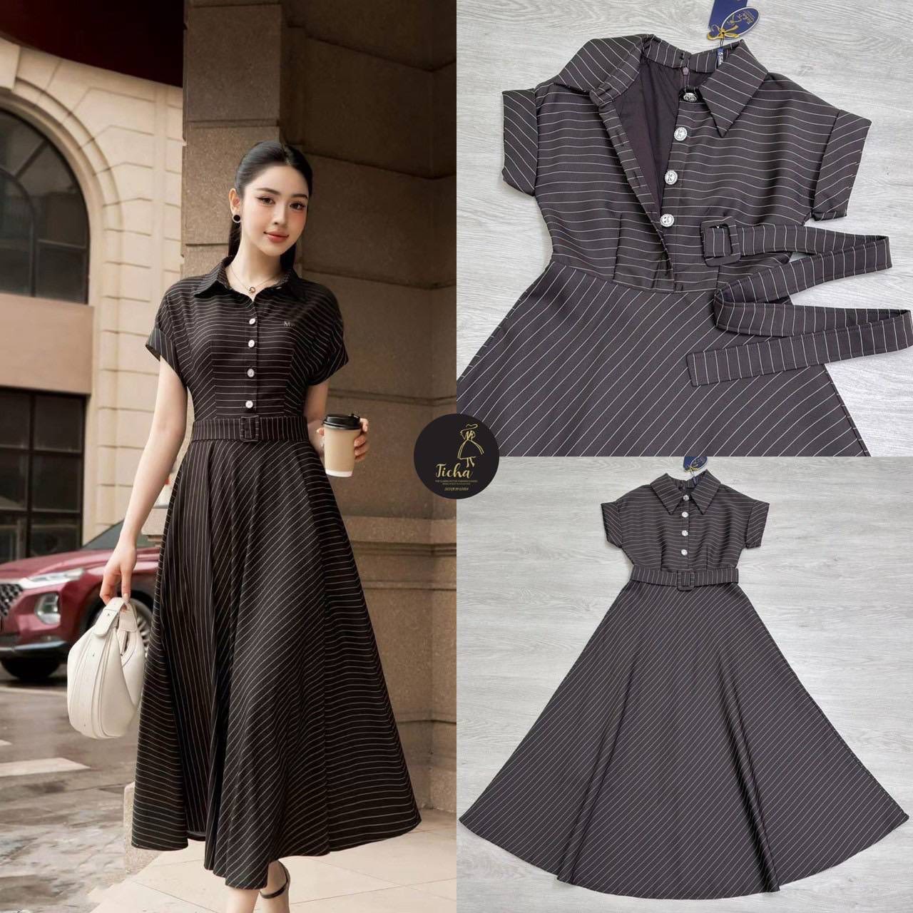 เซต 2 ชิ้น Maxi เดรสลายริ้ว แขนสั้น ช่วงแขนแต่งพับ ดีเทลคอปก แต่งกระดุมหน้าช่วงครึ่งตัวบน เอวเข้ารูป ตัวกระโปรงบานออก มีชับใน ใส่สบาย : สินค้าคุณภาพ (พร้อมส่ง)