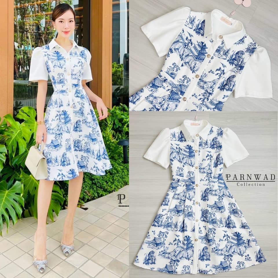 เดรสคอปกพิมพ์ลายสวยๆแต่งกระดุมทองแกะใช้งานได้จริง ทรงสวยใส่ง่ายๆ ใส่สบาย : สินค้าคุณภาพ (พร้อมส่ง)