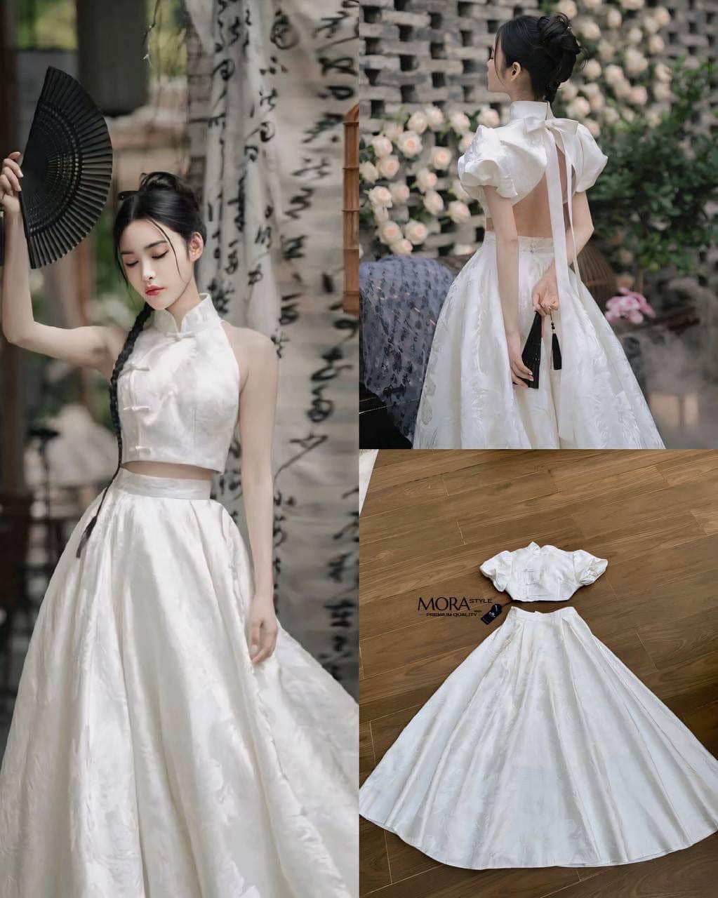 เซ็ตกี่เพ้า 2 ชิ้น เสื้อแขนจั้มตุ๊กตา ด้านหลังโชว์แซปๆพร้อมเชือกผูกโบว์ มาพร้อมกับกระโปรงยาวผ้าหนาหนัก อลังการ ใส่สบาย : สินค้าคุณภาพ (พร้อมส่ง)