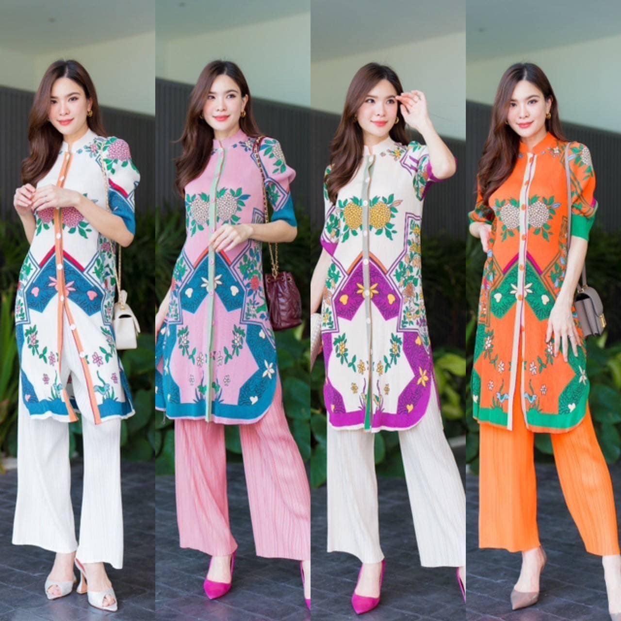 ชุดเซตผ้าอัดพลีท AA Premium เสื้อแขน 3 ส่วน คอจีนตัวยาว กับชุด แพทเทิร์น วาดลาดลาย สีสัน กางเกงเอวสมอค อัดพลีส ทรงขาบาน สินค้าคุณภาพ (พร้อมส่ง).