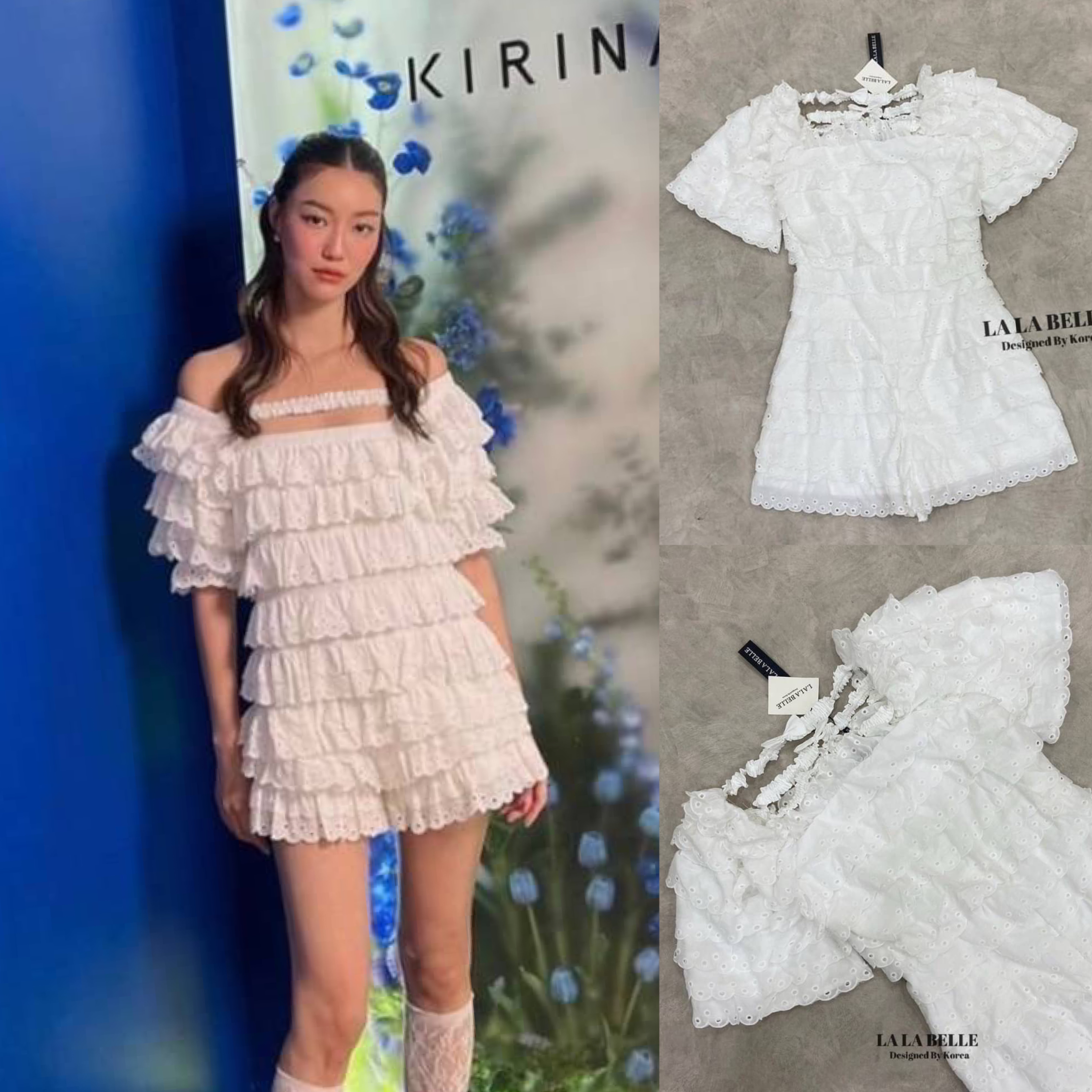 จั้มสูทกางเกงขาสั้นระบายชั้นผ้าปักฉลุหยักๆทั้งชุดคอเหลี่ยมแขนสั้นเอวเข้ารูปกางเกงขาสั้นด้านหลังมีสายคาดแต่งโบเพิ่มความน่ารักมีซับในอย่างดี สินค้าคุณภาพ (พร้อมส่ง)