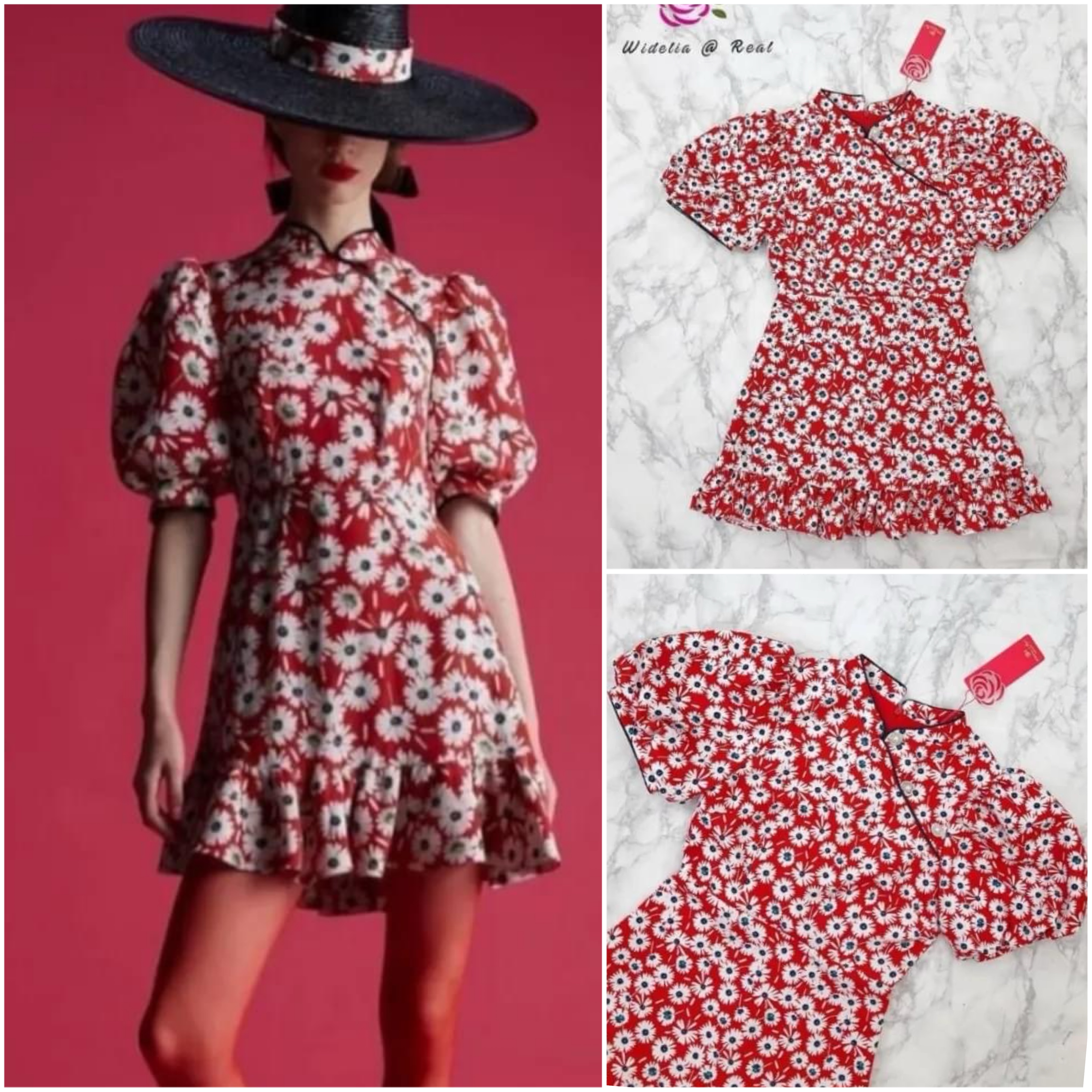 Dress เดรสกี่เพ้าแสนสวย เนื้อผ้าลายดอกไม้ ช่วง คอกี่เพ้าแต่งด้วยไข่มุก ชายเดรสเย็บต่อระบาย ใส่สบาย สินค้าคุณภาพ (พร้อมส่ง)