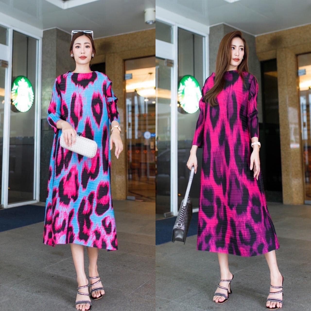 เดรสอัดพลีท งานสวยไฮโซ ทรงคอปาด ชายบาน A Line 😍 สวยพริ้ว ทุกมุมมอง รุ่นนี้ แพทเทิร์น แขนยาว พิมพ์ลายเสือ เฉดใหม่ สินค้าคุณภาพ (พร้อมส่ง)
