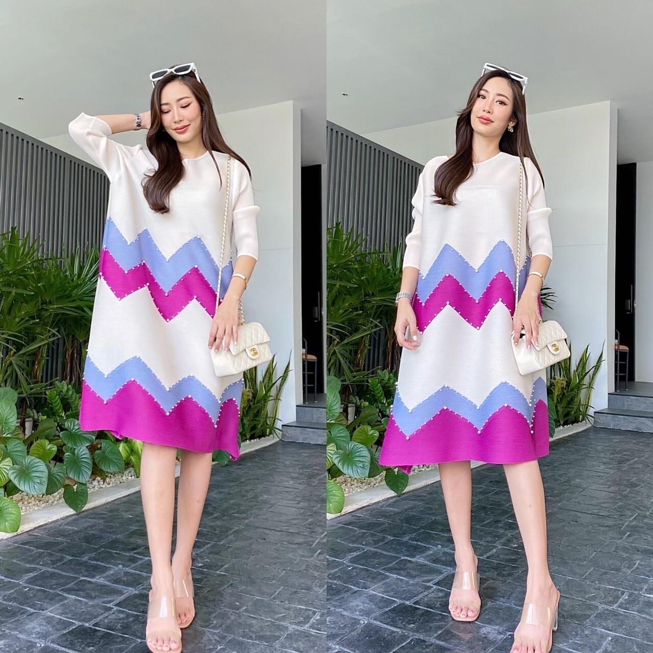 ชุดเดรส คอกลม แขน3 ส่วน แพตเทิร์นเฉลียง แขนพอง เรียบหรู ไฮโซววววว 👑 เนื้อผ้าพลีท เนื้อนุ่มเด้ง งานไล่เฉดสี และประดับมุก สินค้าคุณภาพ (พร้อมส่ง)