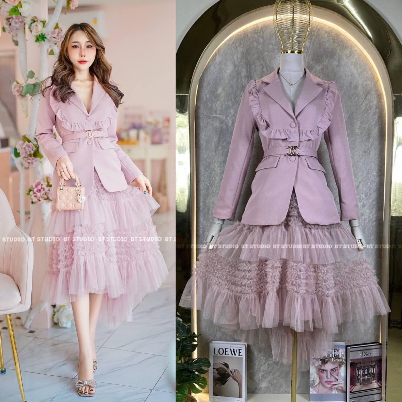 เซท 3 ชิ้น เสื้อเบเซอร์คอปกแขนยาว ช่วงอกแต่งระบายหยัก กระเป๋าเสื้อใช้งานได้จริง มาพร้อมเข็มขัดสีเดียวกันกับชุด หัวเข็มขัดสีทอง แมทซ์กับกระโปรงมุ้งแต่งระบายเป็นชั้น สินค้าคุณภาพ (พร้อมส่ง)