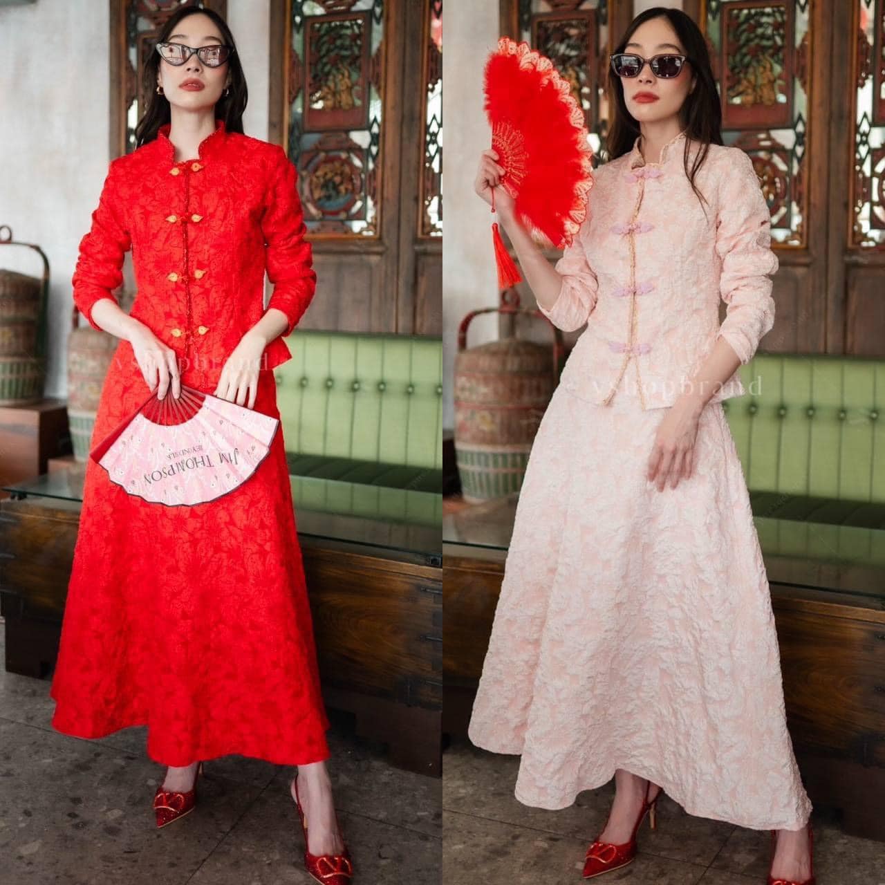 Set เสื้อกี่เพ้าแขนยาวลายดอกผ้านูน + กระโปรงยาวทรงเอ ใส่สบาย . สินค้าคุณภาพ (พร้อมส่ง)