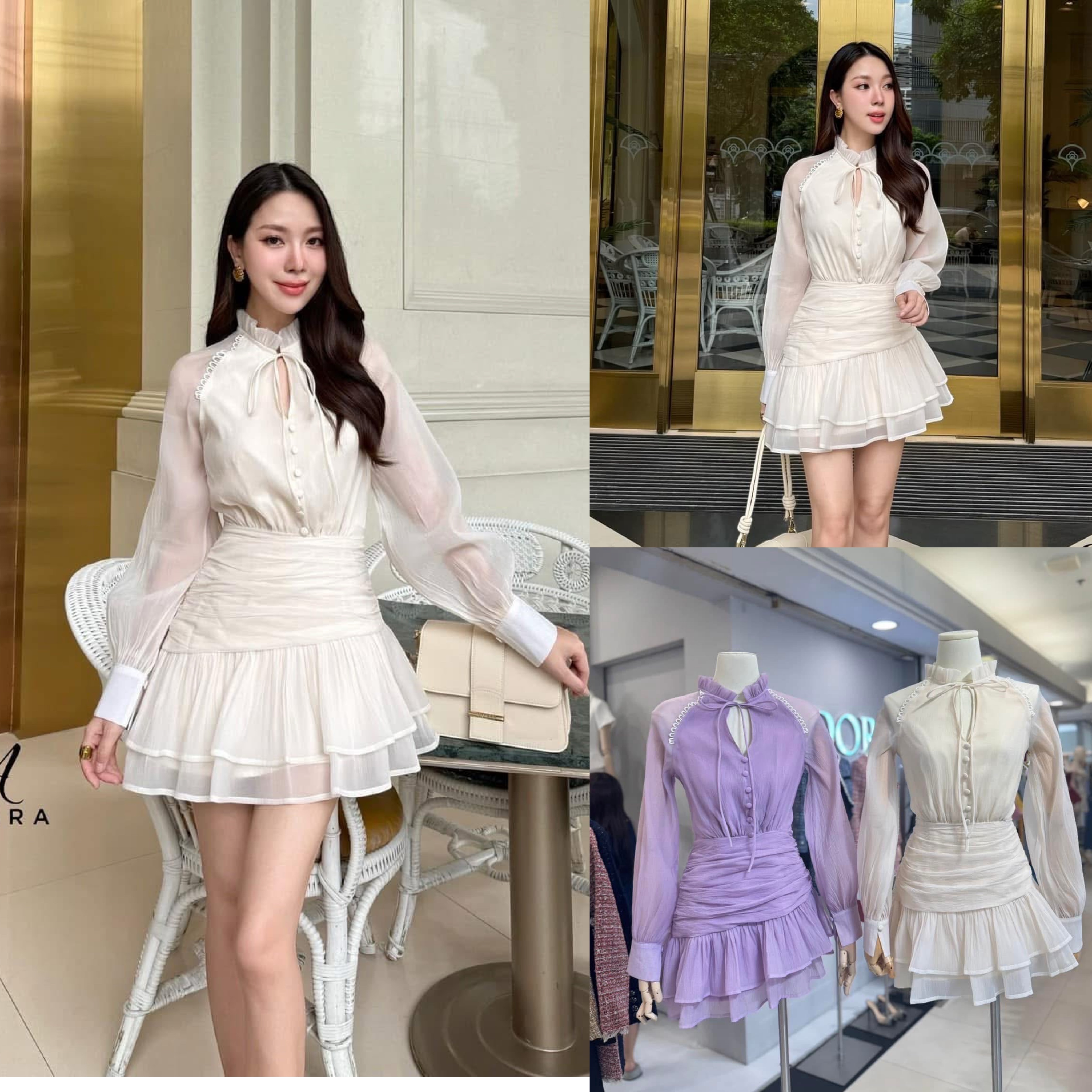 มินิเดรสแขนยาว ดีไซน์คอปีน แต่งกระดุมหน้า ช่วงคอเสื้อ ผูกโบว์ ใส่สบาย : สินค้าคุณภาพ (พร้อมส่ง)