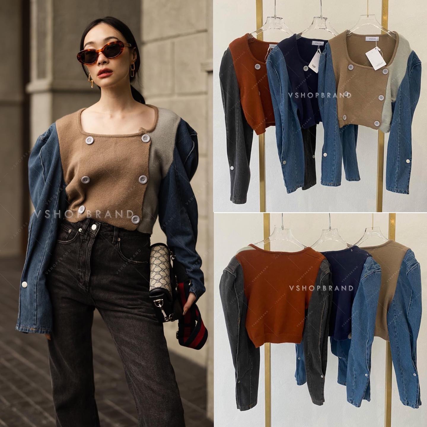 เสื้อครอปไหมพรมทูโทน กระดุมหน้า (ใช้งานได้จริง) เพิ่มความเก๋ด้วยแขนยีนส์แต่ง กระดุมจีบปลายแขน : สินค้าคุณภาพ (พร้อมส่ง)