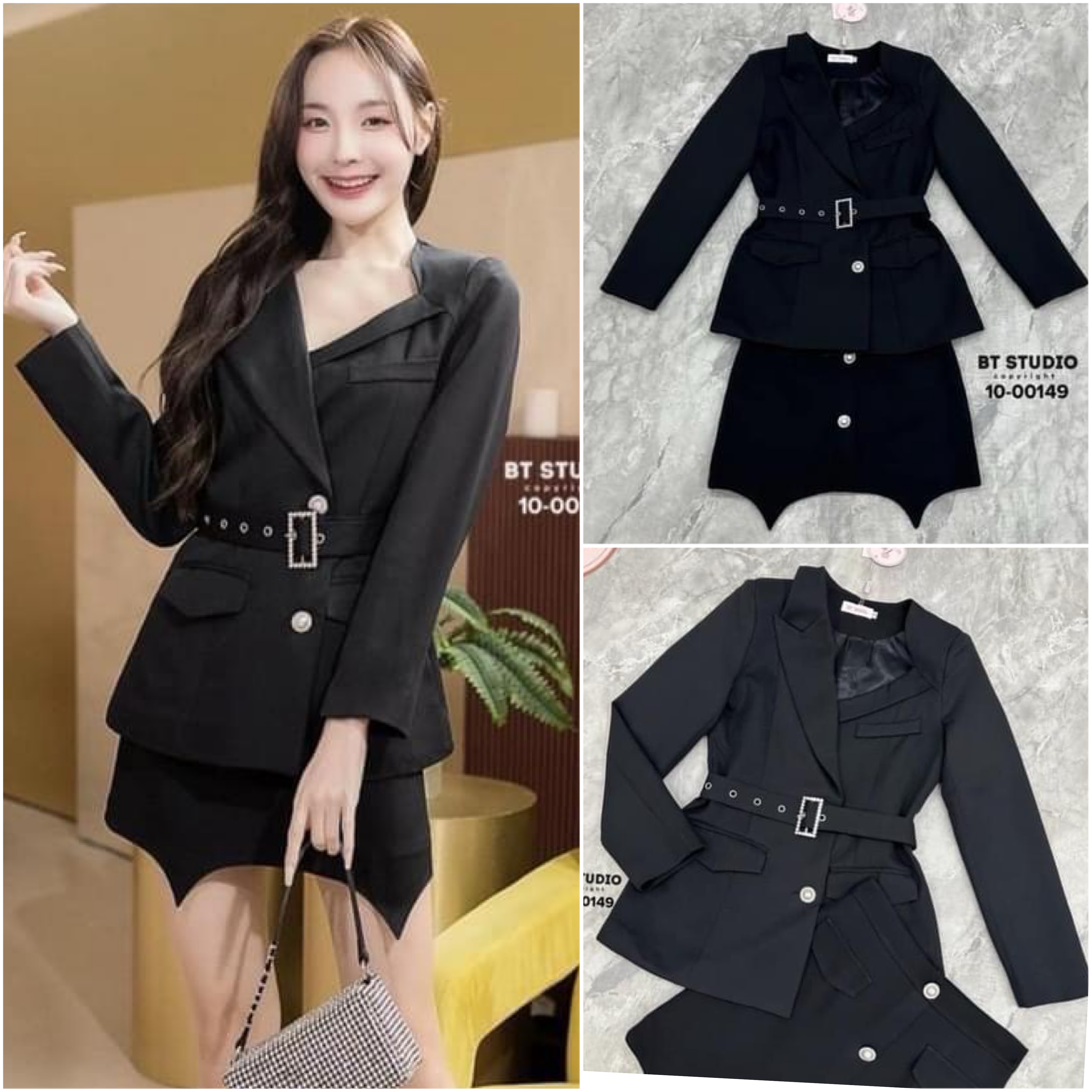 เซท 3 ชิ้น เสื้อเบเซอร์แขนยาวกระดุมหน้า +กระโปรงสั้นกระดุมหน้า แต่งเว้าปล่อยชายหน้าหลังเล็กน้อย ซิปหลัง มีชับใน +เข็มขัดผ้าหัวสีเงิน ใส่สบาย สินค้าคุณภาพ (พร้อมส่ง)