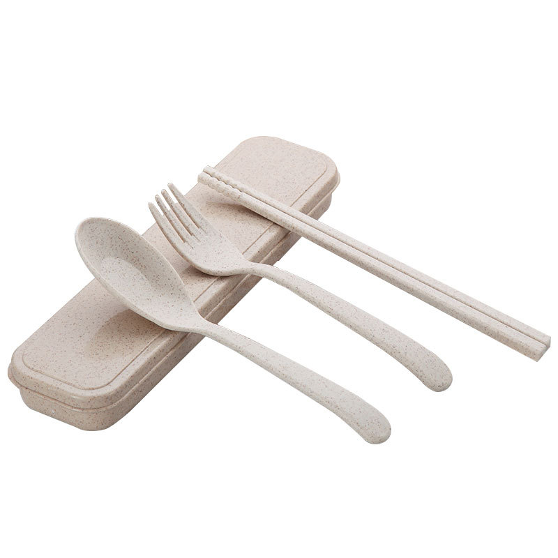 ชุดช้อนส้อมพกพา ชุดช้อนแบบพกพา ช้อนส้อมแคมป์ปิ้ง ในกล่องเก็บ ฟางข้าวสาลี BPA-Free ปลอดสารพิษ ฟรี ตะเกียบ 1 คู่