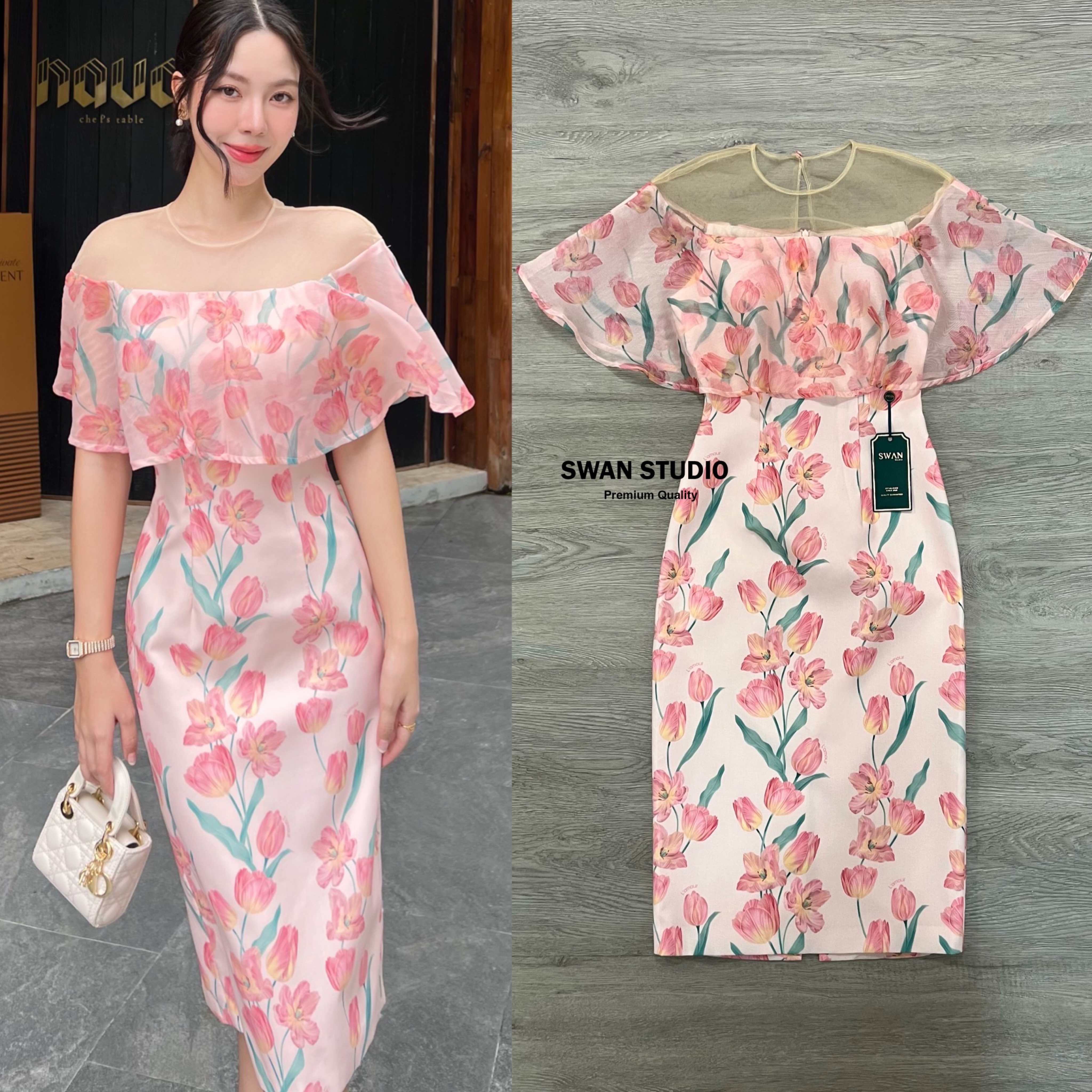 เดรสลายดอกทิวลิปโทนสีชมพู ลายนี้เป็นลายลิขสิทธิ์ของทางร้าน เดรส ลาดไหล่แต่งผ้าซีทรูด้านบน สินค้าคุณภาพ (พร้อมส่ง)