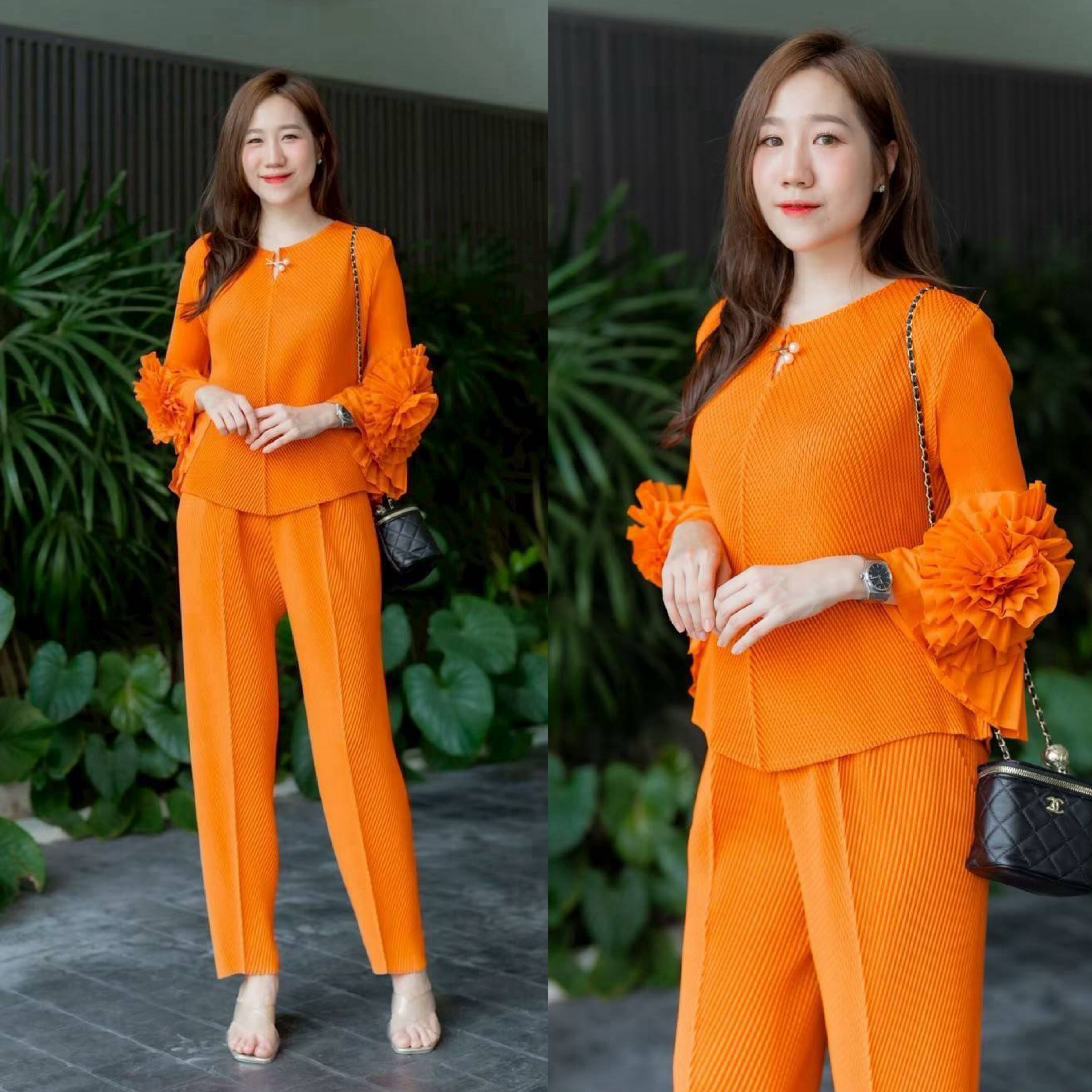 ชุดเซตผ้าอัดพลีท Premium เสื้อแขนยาวคอวาย แต่งเข็มกลัดให้เกร๋ๆ+ กางเกงเอวยางสมอค ทรงกระบอก จับจีบด้านหน้ามีกระเป๋ากางเกง ใส่สบาย : สินค้าคุณภาพ (พร้อมส่ง)