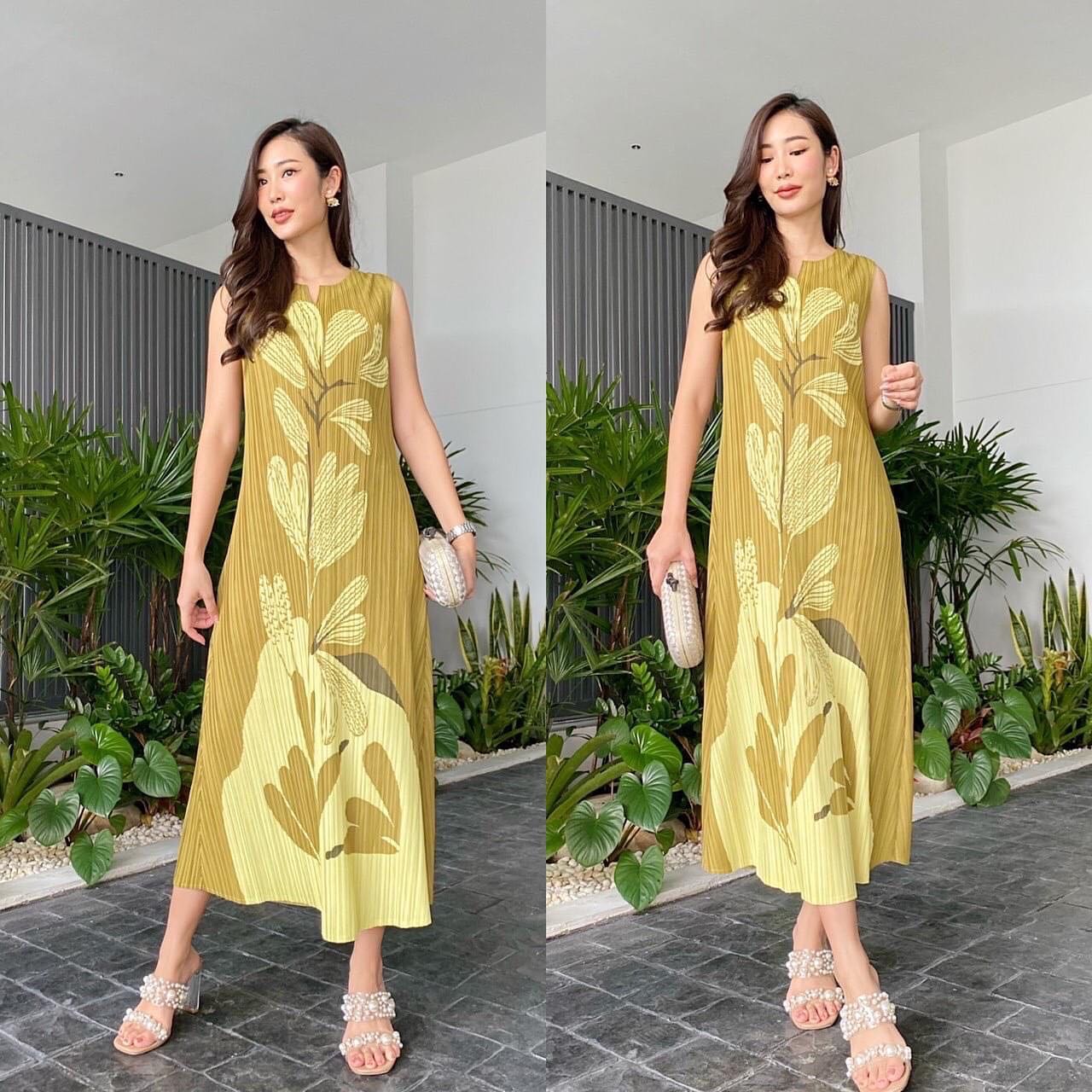 แม็กซี่เดรสตัวยาว แพทเทิร์นอัดพลีท เข้าเคิร์ฟ ทรงคอกลม แขนกุด สวย Premium 👍🏻 ดีไซด์ เพ้นท์ลายดอกไม้ สินค้าคุณภาพ (พร้อมส่ง)