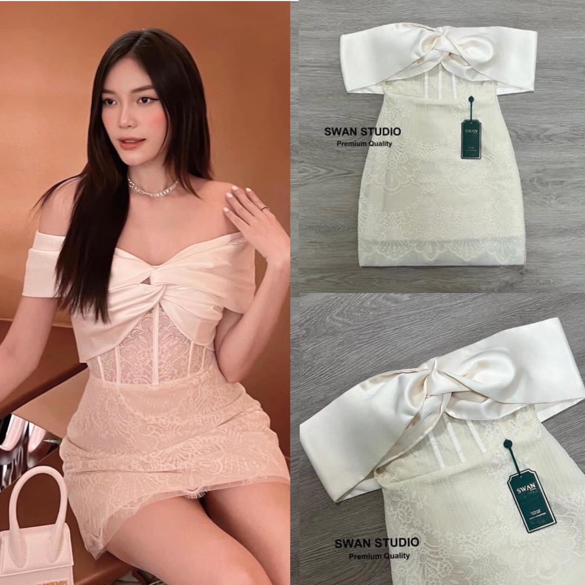 มินิเดรสปาดไหล่ลูกไม้สีครีม แต่งผ้าปาดไหล่ด้วยผ้าซาติน ใต้อกเย็บ ขอบผ้าสามเส้น ช่วงตัวเป็นลูกไม้ทั้งตัว สินค้าคุณภาพ (พร้อมส่ง)