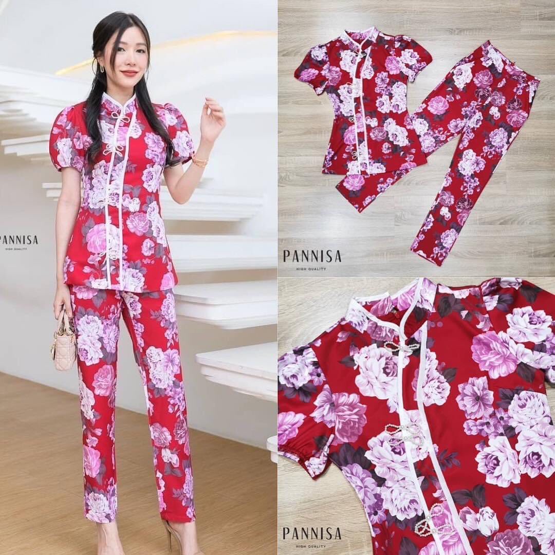 เซทกี่เพ้ามาพร้อมกางเกงขายาว ชุดเป็นลายพิมพ์ดอกไม้ : สินค้าคุณภาพ (พร้อมส่ง)