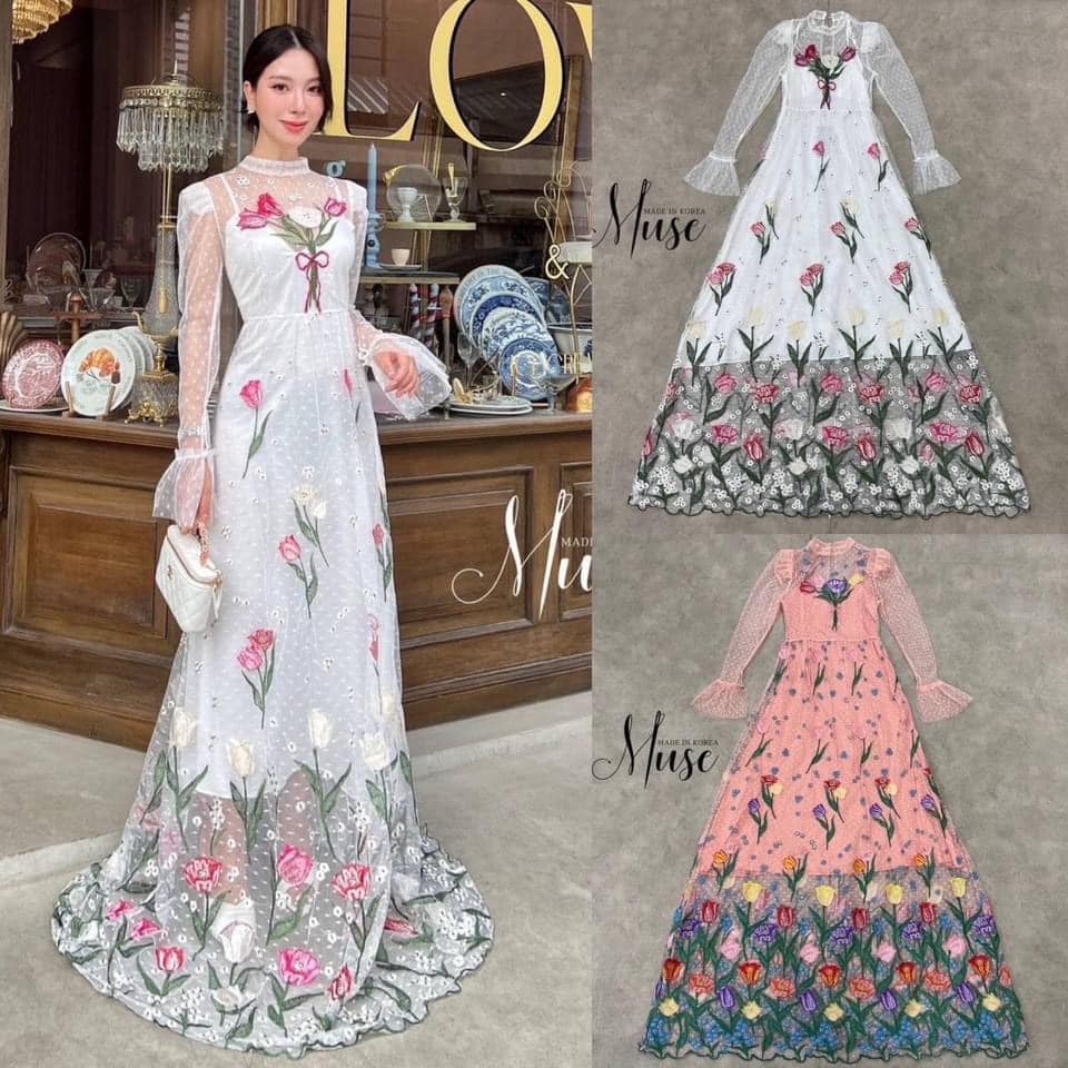 เดรสตัวยาวปักลายดอกไม้ สีสันสดใส งานปักสวยๆ มาคู่กับชุด สายเดี่ยวซับในสีเดียวกับชุด ใส่สบาย สินค้าคุณภาพ (พร้อมส่ง)