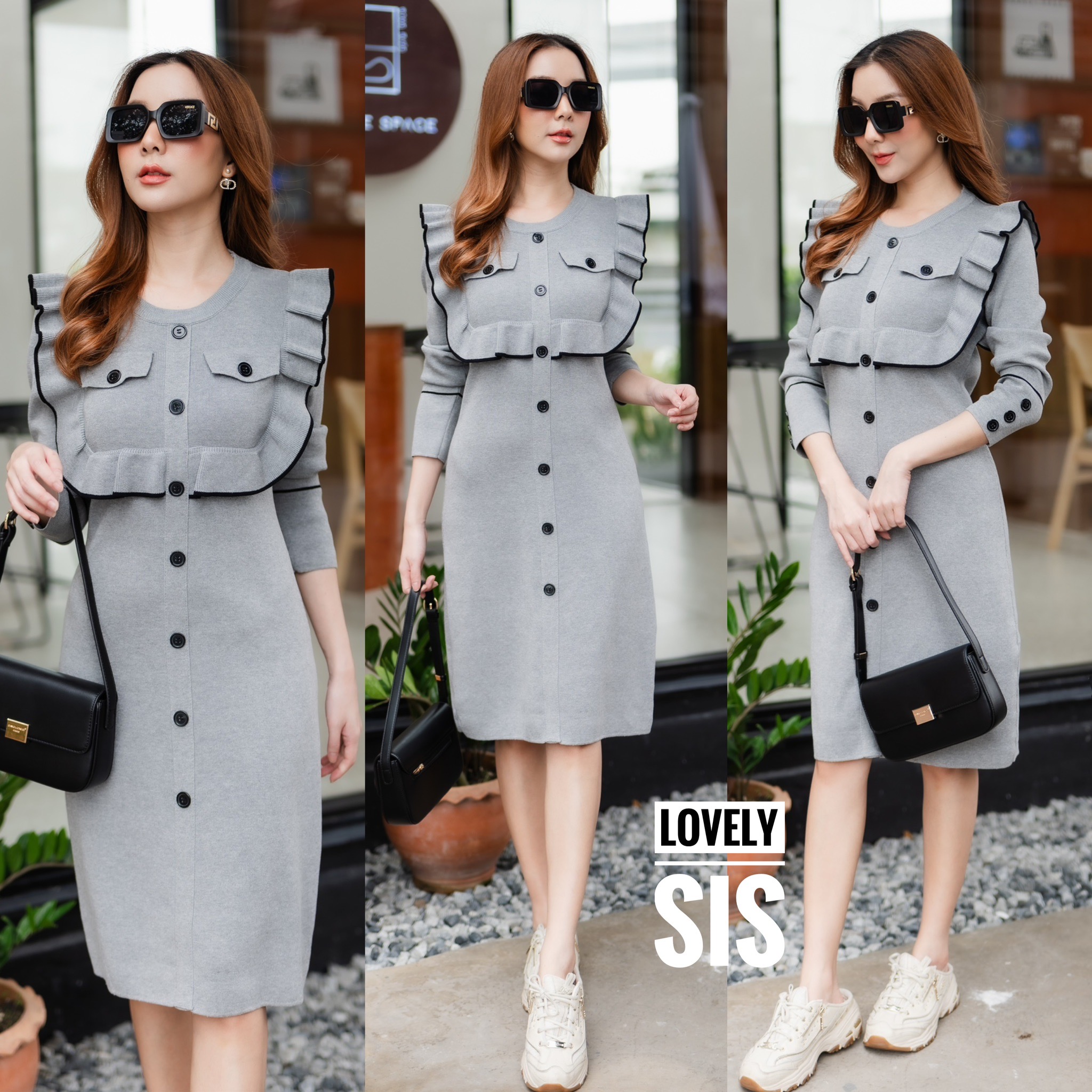 เดรสแขนยาวแต่งระบายกุ๊นขอบตัดสี ติดกระดุมหลอกเรียงด้านหน้า ผ้า knit เนื้อทอร่อง ผ้าแน่นทอนุ่ม สวยมากค่า สินค้าคุณภาพ (พร้อมส่ง)