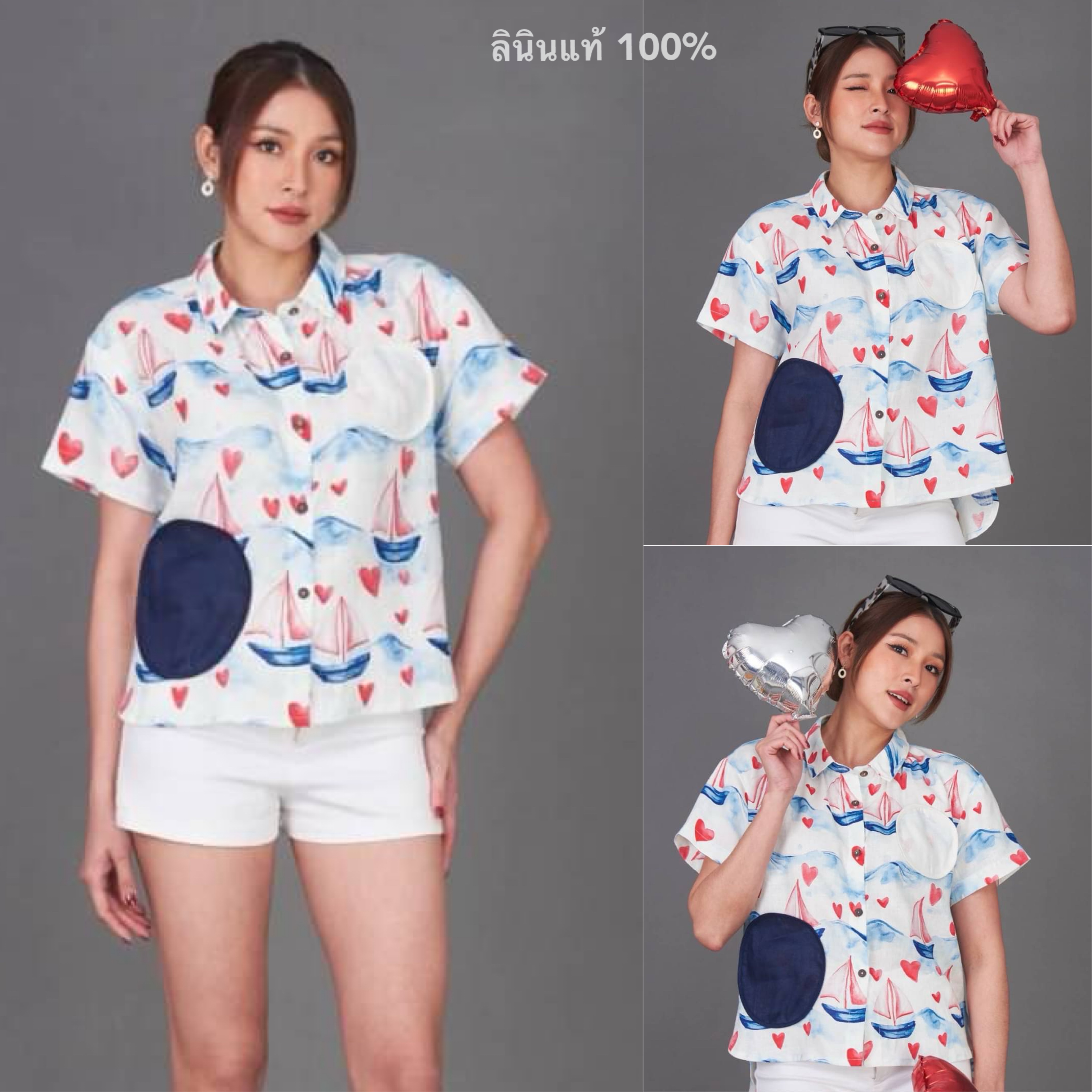 เสื้อเชิ้ต ลินินแท้ 100% ลายกราฟิก พร้อมกระเป๋าทรงกลมสุดเก๋ ใส่สบาย : สินค้าคุณภาพ (พร้อมส่ง)