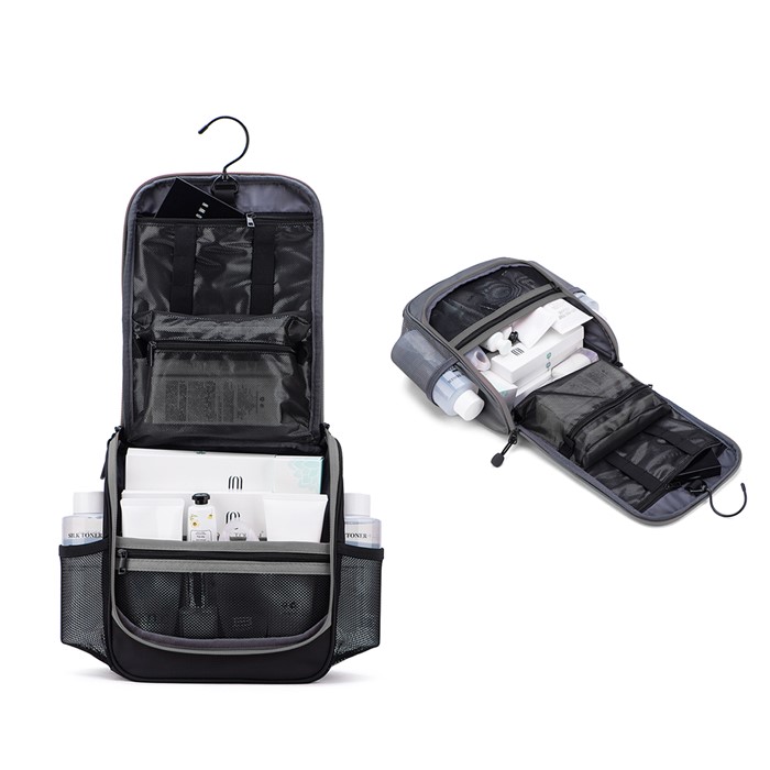Bagsmart กระเป๋าใส่อุปกรณ์อาบน้ำ คุณภาพสูง ใส่อุปกรณ์อาบน้ำ แขวนได้ มีช่องใส่ด้านข้างสองด้าน สำหรับเดินทาง ท่องเที่ยว (Black-Grey)
