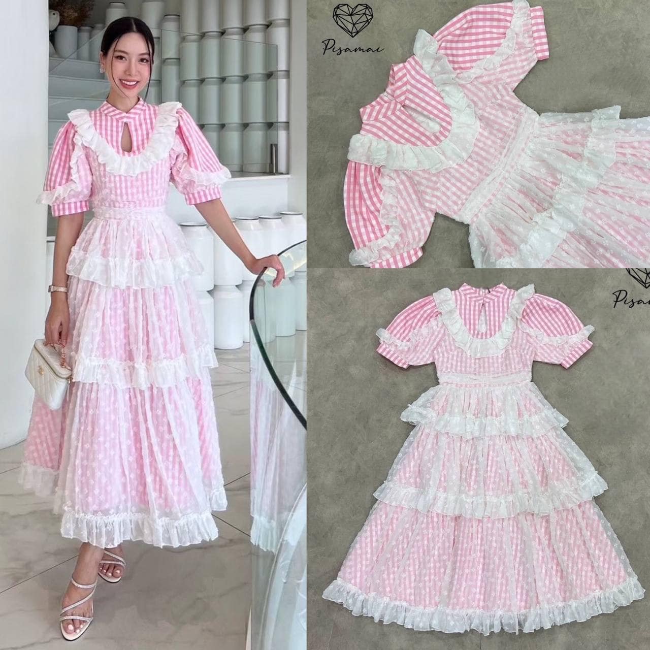 เดรสลายสก็อตสีชมพูตัวยาวแต่งระบายลูกไม้ ฉลุสีขาวคลุมทั้งตัว เป็นทรงระบายซ้อนถึง 3 ชั้น ใส่สบาย : สินค้าคุณภาพ (พร้อมส่ง)