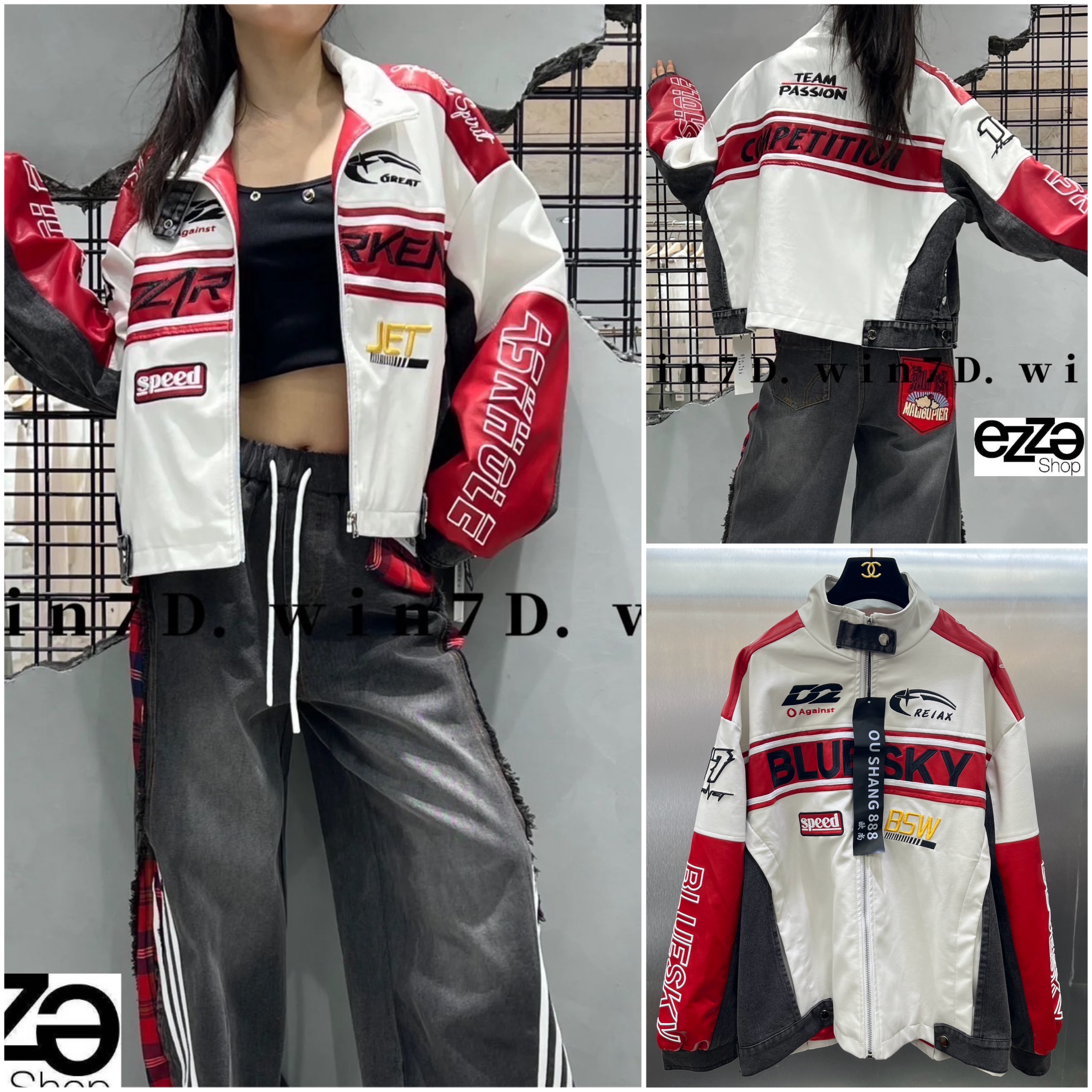แจ็คเก็ตกึ่งหนัง ปักลาย Racing สวย สปอร์ต เท่ห์ รุ่น Unisex งานสวยขายดีมาก รุ่นนี้ผสมหนัง งานสวยมาก.. ใส่สบาย : สินค้าคุณภาพ (พร้อมส่ง)