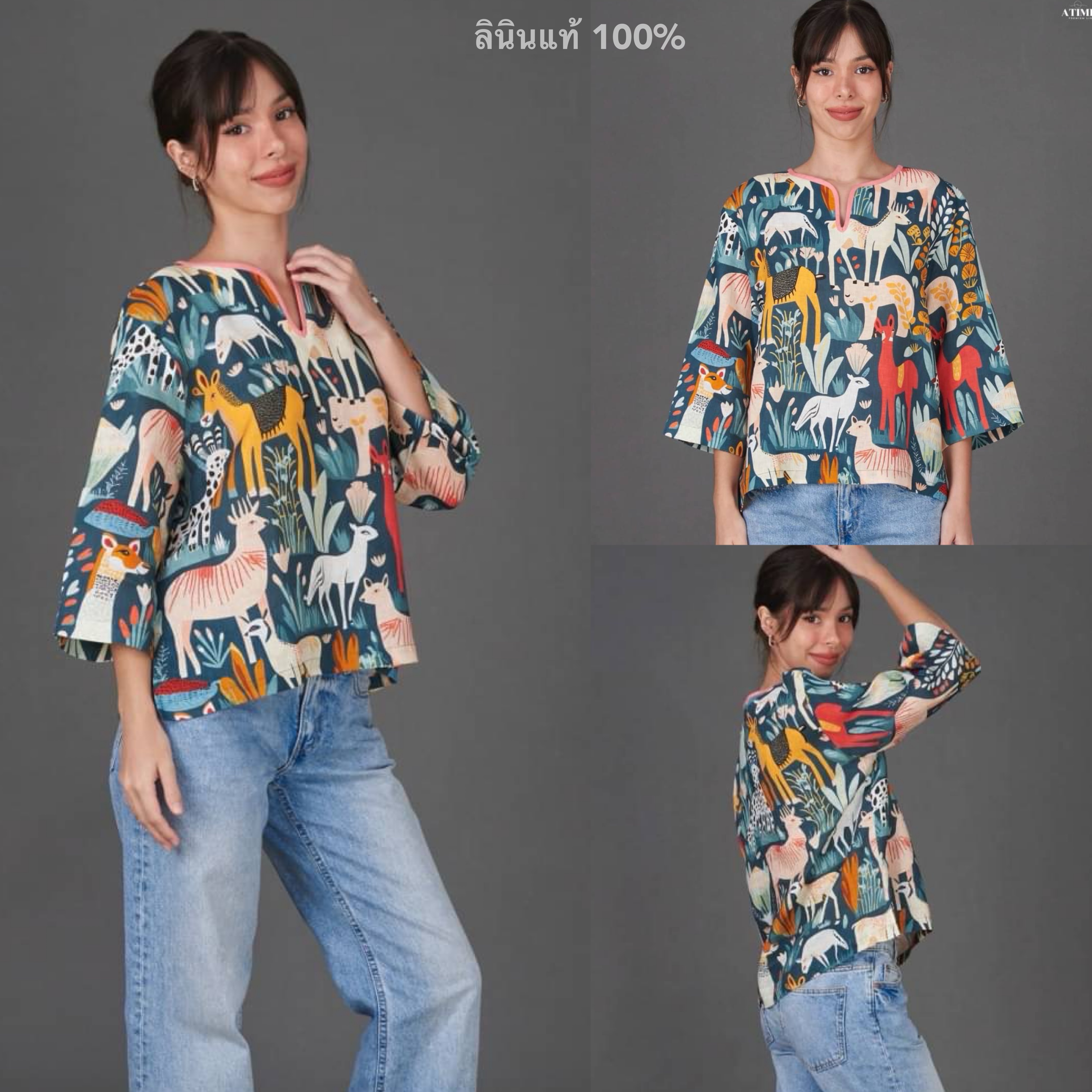 เสื้อคอกลมแขนสามส่วน ลินินแท้ 100% ใส่สบาย : สินค้าคุณภาพ (พร้อมส่ง)