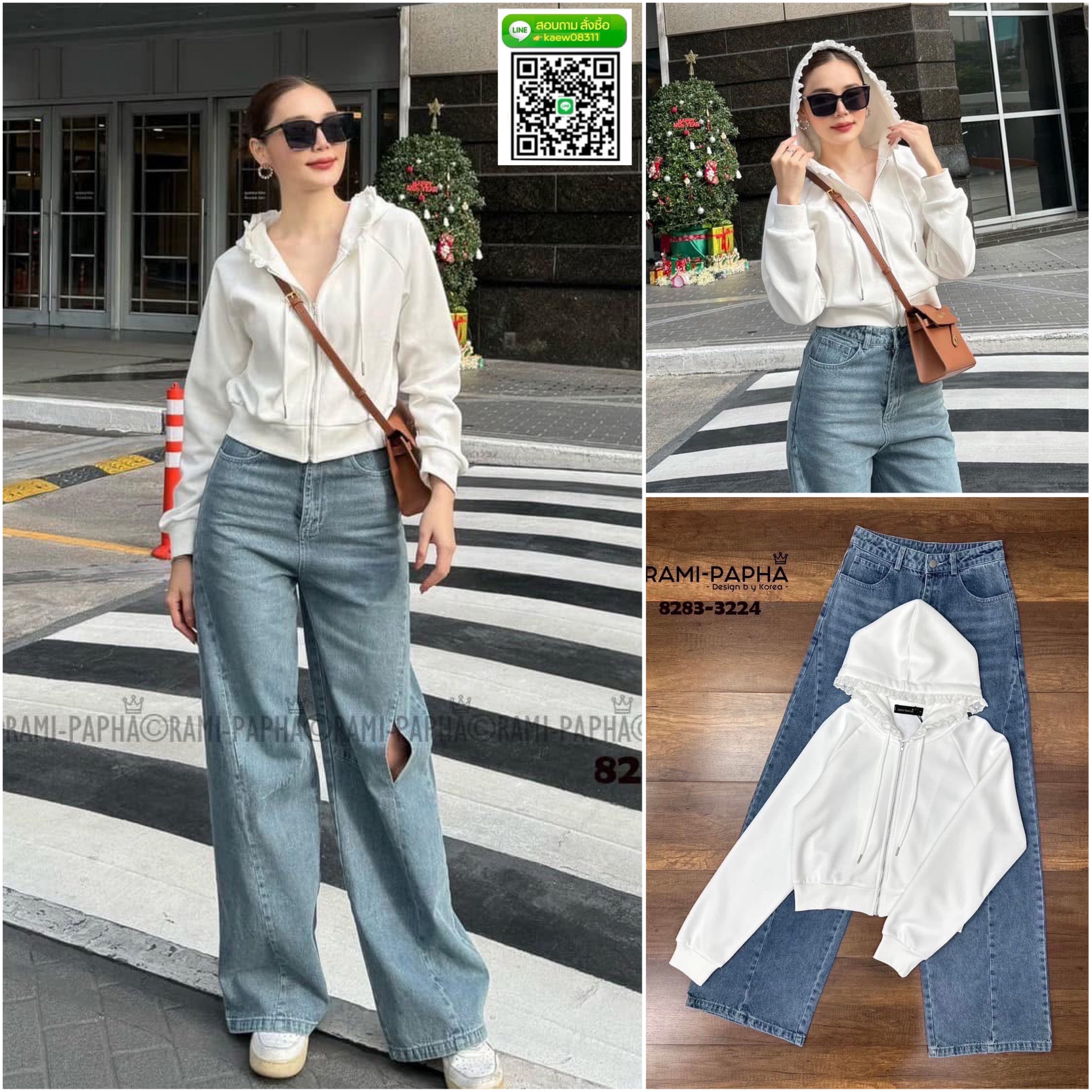 Set 2 ชิ้น เสื้อ+ยีนส์ เสื้อวอร์มทรงมีฮูท ดีเทลแต่งระบายลูกไม้เก๋ๆใส่สบาย : สินค้าคุณภาพ (พร้อมส่ง)