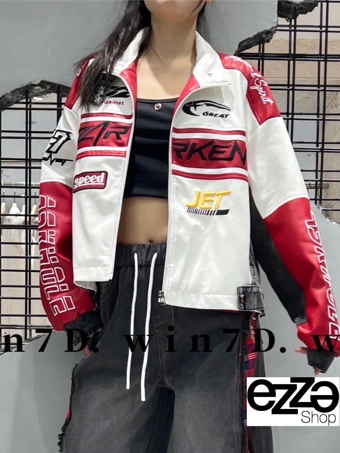 แจ็คเก็ตกึ่งหนัง ปักลาย Racing สวย สปอร์ต เท่ห์ รุ่น Unisex งานสวยขายดีมาก รุ่นนี้ผสมหนัง งานสวยมาก.. ใส่สบาย : สินค้าคุณภาพ (พร้อมส่ง)