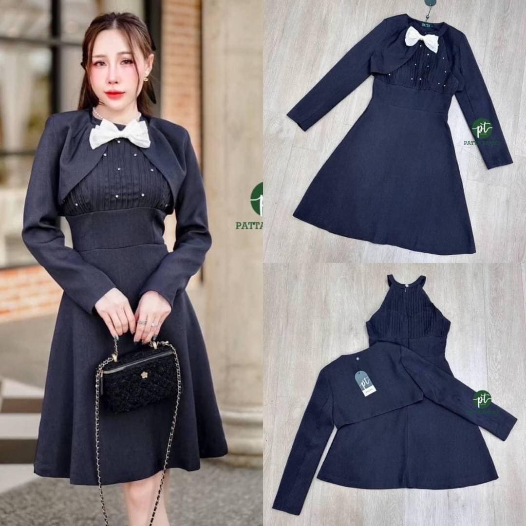 Set 2 ชิ้น เดรสแขนกุด อกดีไซน์เย็บจับจีบและตอกหมุดเพชรเด่นสวย อดเสริมฟองน้ำ มีซิปหลัง ทรงสวย มาคูากับเสื้อคลุมตัวสั้นแขนยาว มีเข็มกลัดโบว์น่ารัก สินค้าคุณภาพ (พร้อมส่ง)