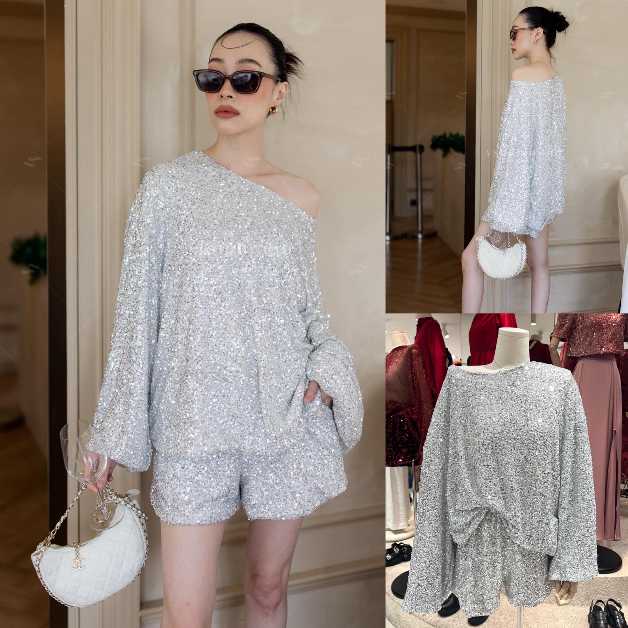 Set เสื้อกลิตเตอร์สม็อคแขน + กางเกงขาสั้น สินค้าคุณภาพ (พร้อมส่ง)