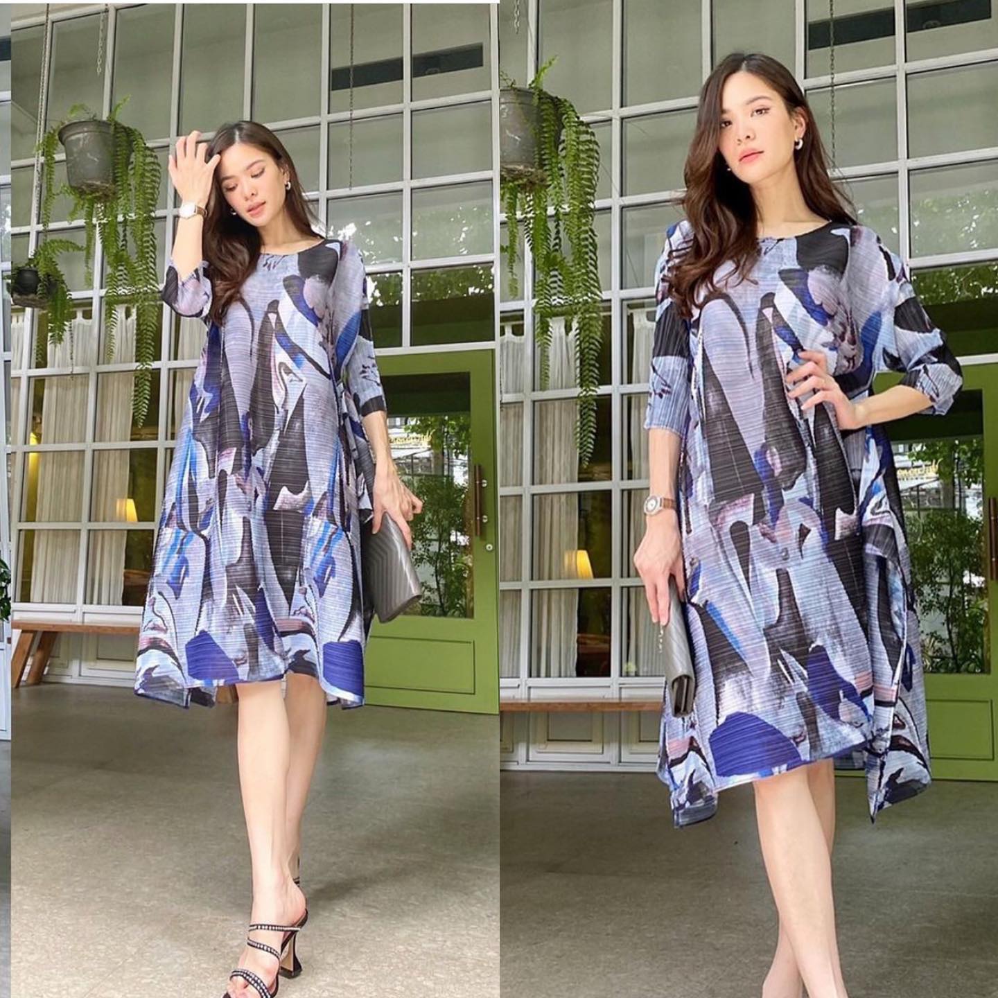 ชุดเดรส คอกลม แขน3 ส่วน แพตเทิร์นเฉลียงตัดขอบผ่าด้านข้าง เรียบหรู ไฮโซววววว 👑 เนื้อผ้าพลีท เนื้อนุ่มเด้ง ลายกราฟฟิค สินค้าคุณภาพ (พร้อมส่ง)