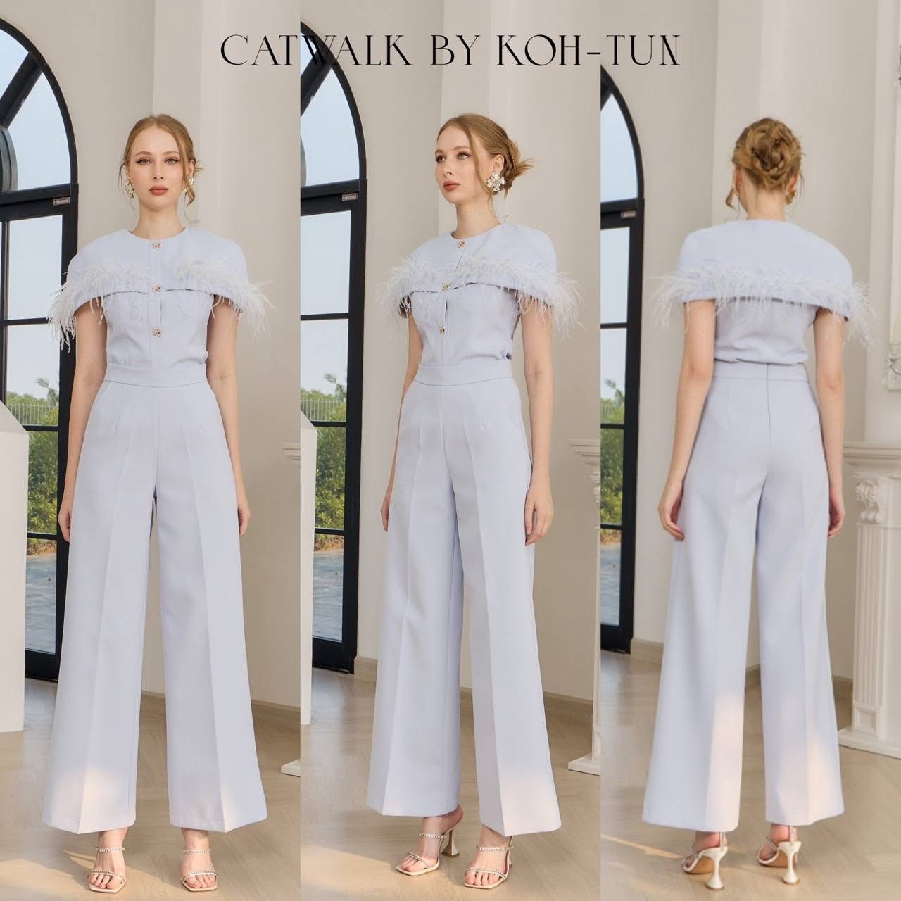 Set เสื้อคลุมไหล่แต่งขอบขนนก+กางเกงขายาวทรงสวย เนื้อผ้าเกรดเอ ใส่สบาย : สินค้าคุณภาพ (พร้อมส่ง)