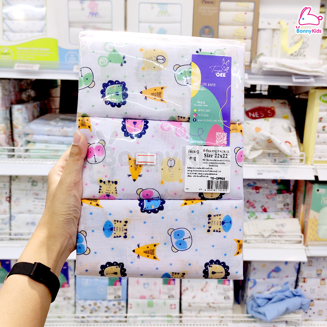 Tres-G (เตรสจี) ผ้าอ้อมสาลู เย็บ 2 ชั้น ยิ่งซักยิ่งนุ่ม มีขนาดให้เลือก แพ็ค 6 / 12 ผืน (คละลาย)