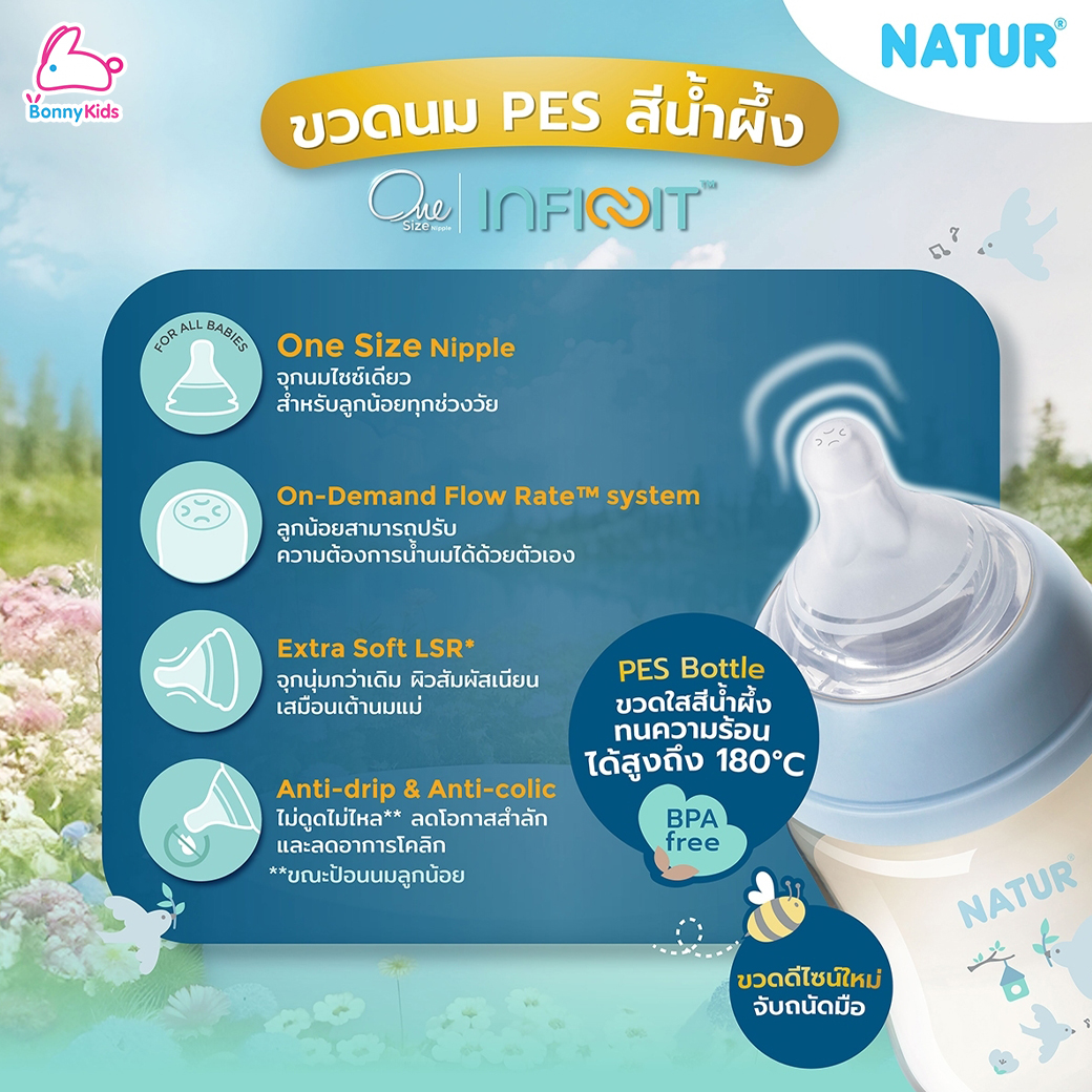 NATUR (เนเจอร์) One Size INFINIT ขวดนมอินฟินิท ขวดนมคอกว้าง ขวดPP ขวด PES (แพ็ค 2 ขวด)