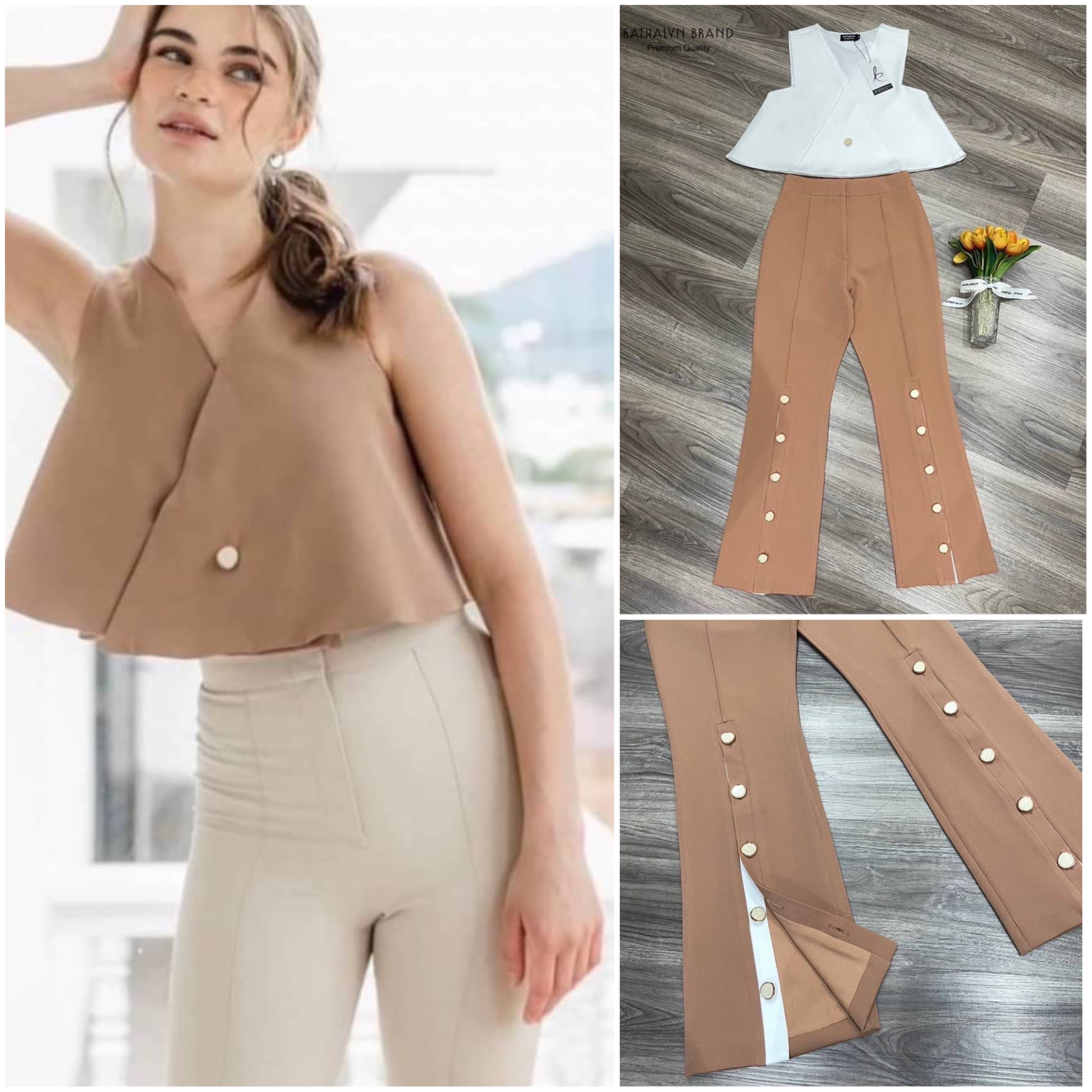 set เสื้อครอปแขนกุด คอวีแบบซ้ายทับขวา ทรงพอดีตัว สีสวยขับผิว มาคู่กับ กางเกงขายาวเอวสูง ปลายขาแต่งกระดุมเพิ่มความเก๋ สินค้าคุณภาพ (พร้อมส่ง)