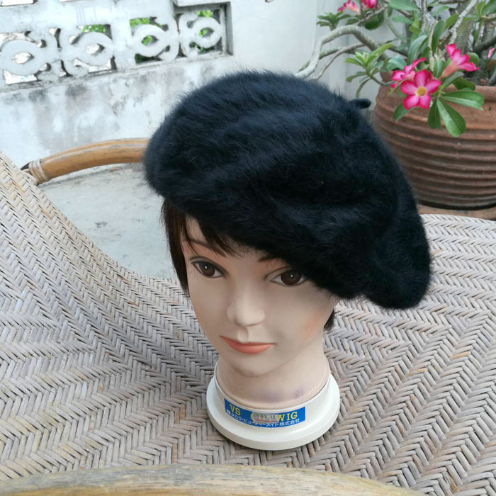 หมวกเบเร่ต์เฟอร์กระต่ายแท้สีดำ นุ่มมากกก