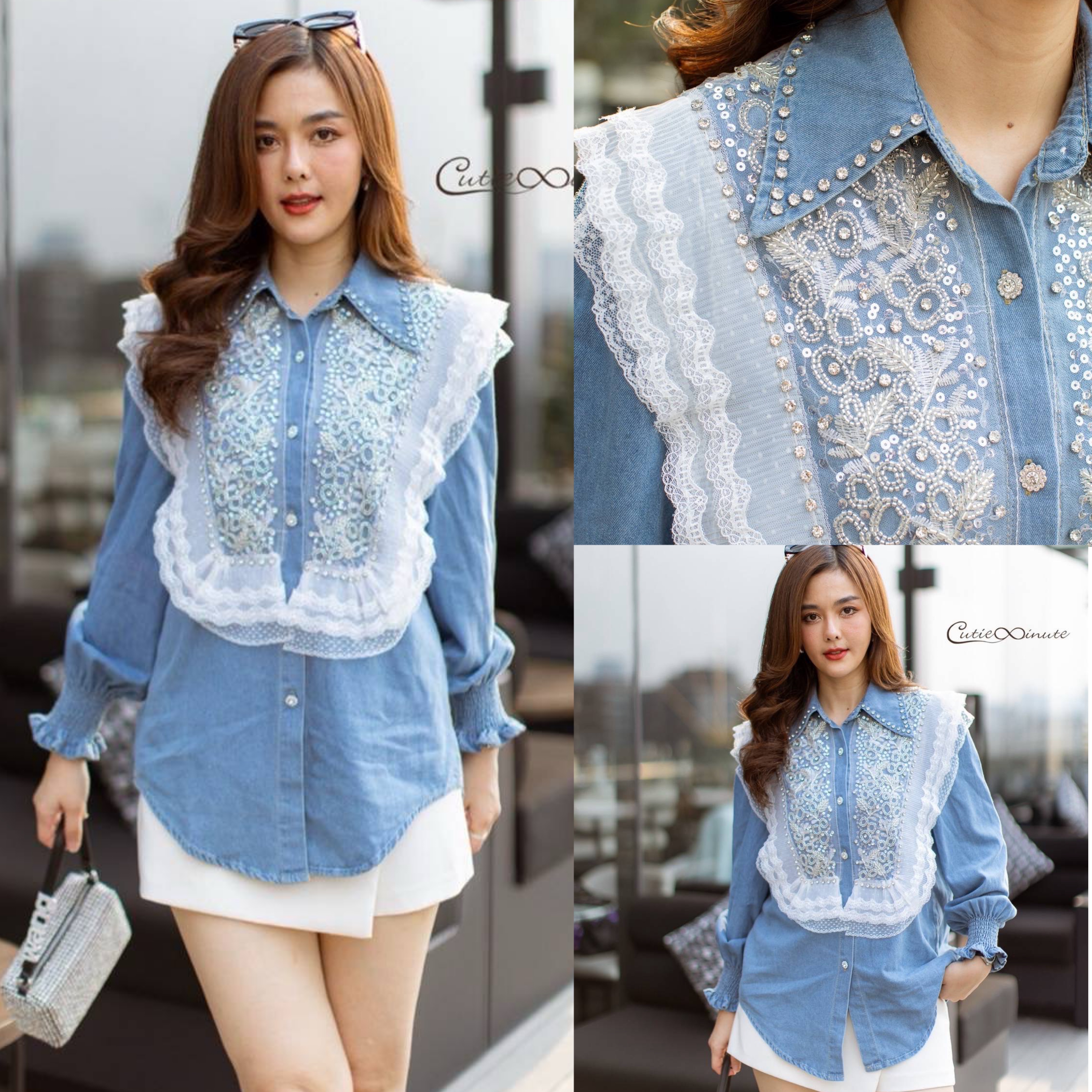 เสื้อยีนส์แท้เกรดพรีเมี่ยม งานแต่งด้วยผ้าลูกไม้ที่อกประดับด้วยเพชรสวยงามอย่างลงตัว คอและกระดุมใช้เพชรแต่งอย่างดี ใส่สบาย : สินค้าคุณภาพ (พร้อมส่ง) สำเนา