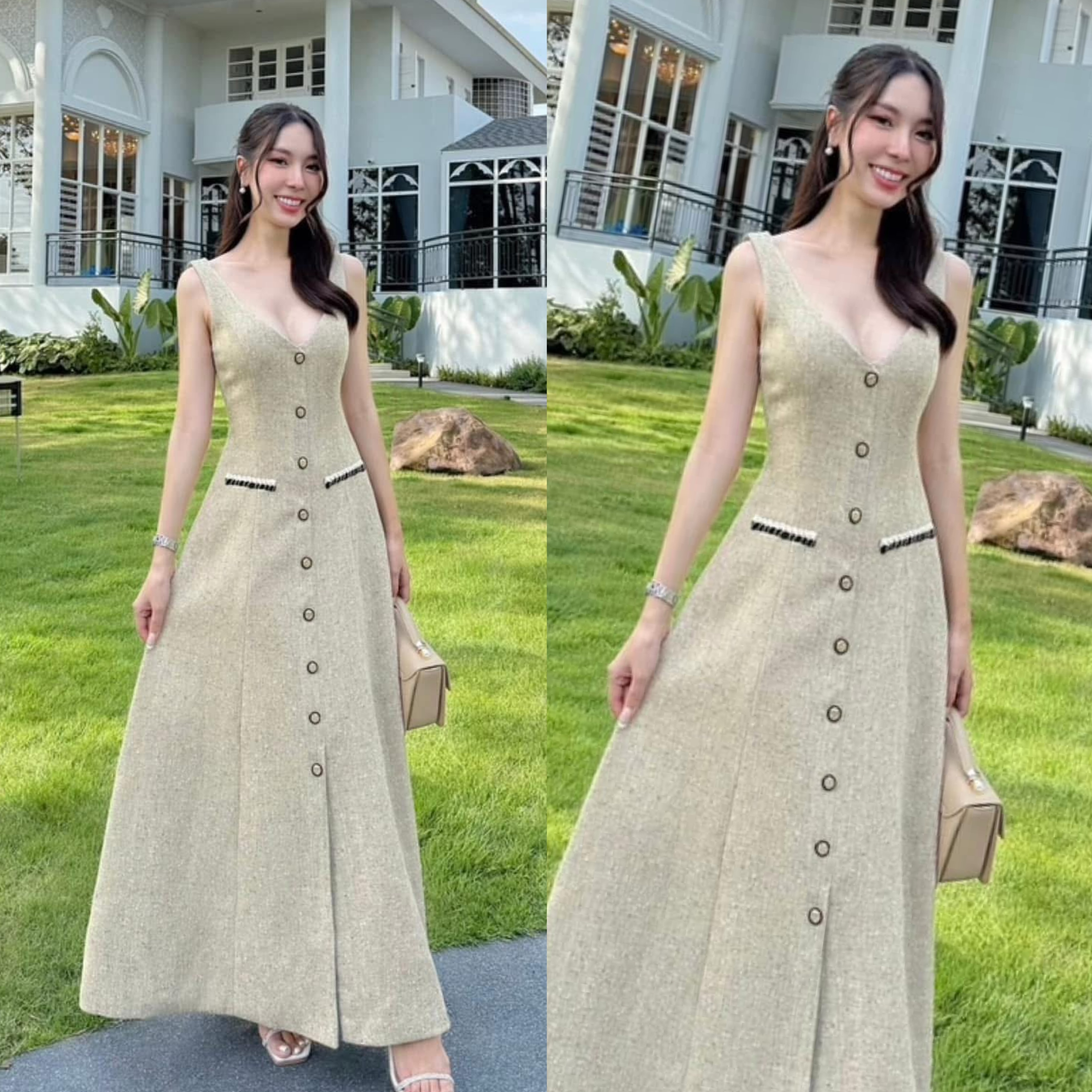 แม็กซี่เดรสคอวีแต่งกระดุมแพทเทิร์นสวยเข้ารูปเนื้อผ้าทวีดทอลายผ้าด้วยเทคนิคพิเศษให้ผิวสัมผัสมีเทกเจอร์ งานมีซับในปิดสนิททั้งชุดซิปหลัง ใส่สบาย : สินค้าคุณภาพ (พร้อมส่ง)