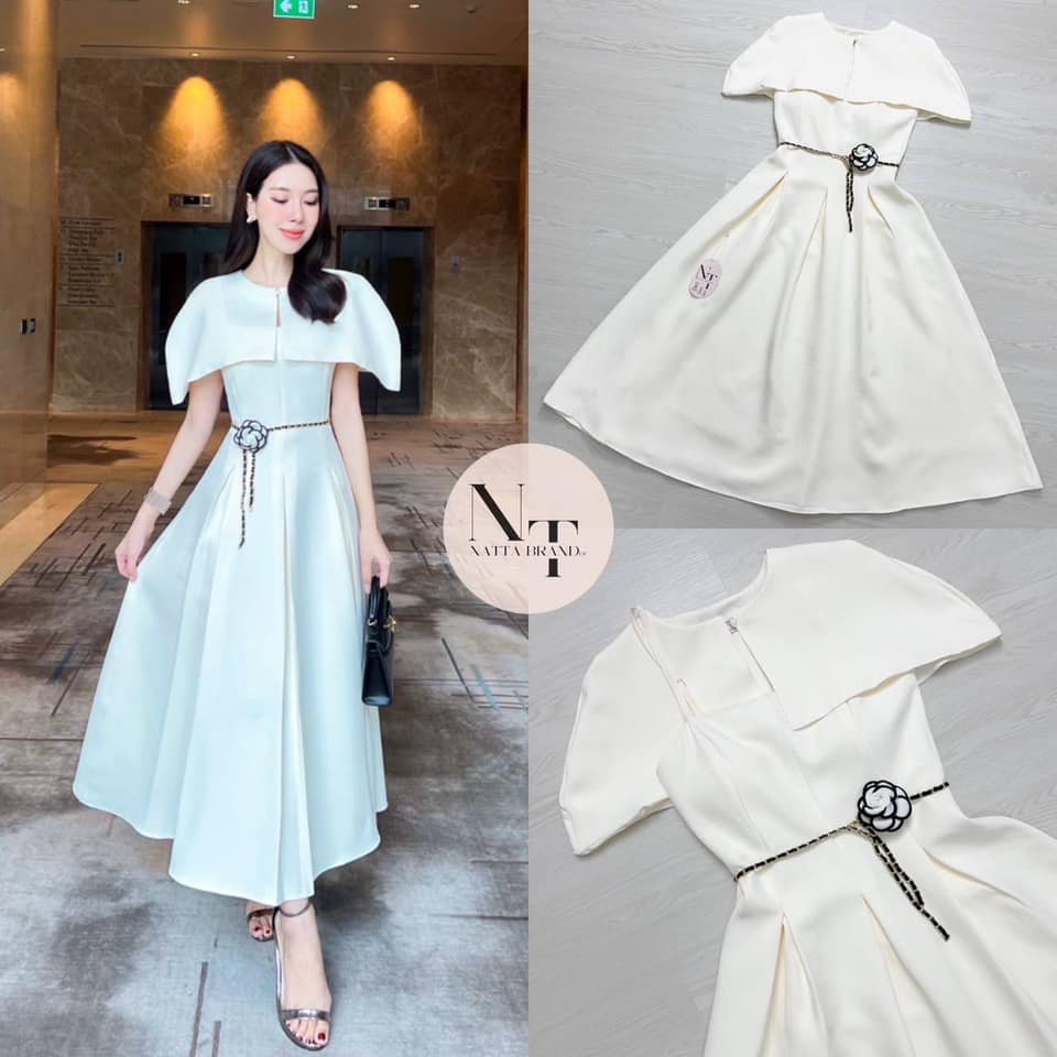 ชุดเดรส 3 ชิ้น เดรสสายเดี่ยวสีครีม เสริมฟองน้ำในชุด จับจีบกระโปรงทรงสวยมากขึ้น+ผ้าคลุมไหล่ กันโป๊ +เข็มขัดดอกไม้สีดำขาวในชุด ง ใส่สบาย : สินค้าคุณภาพ (พร้อมส่ง)