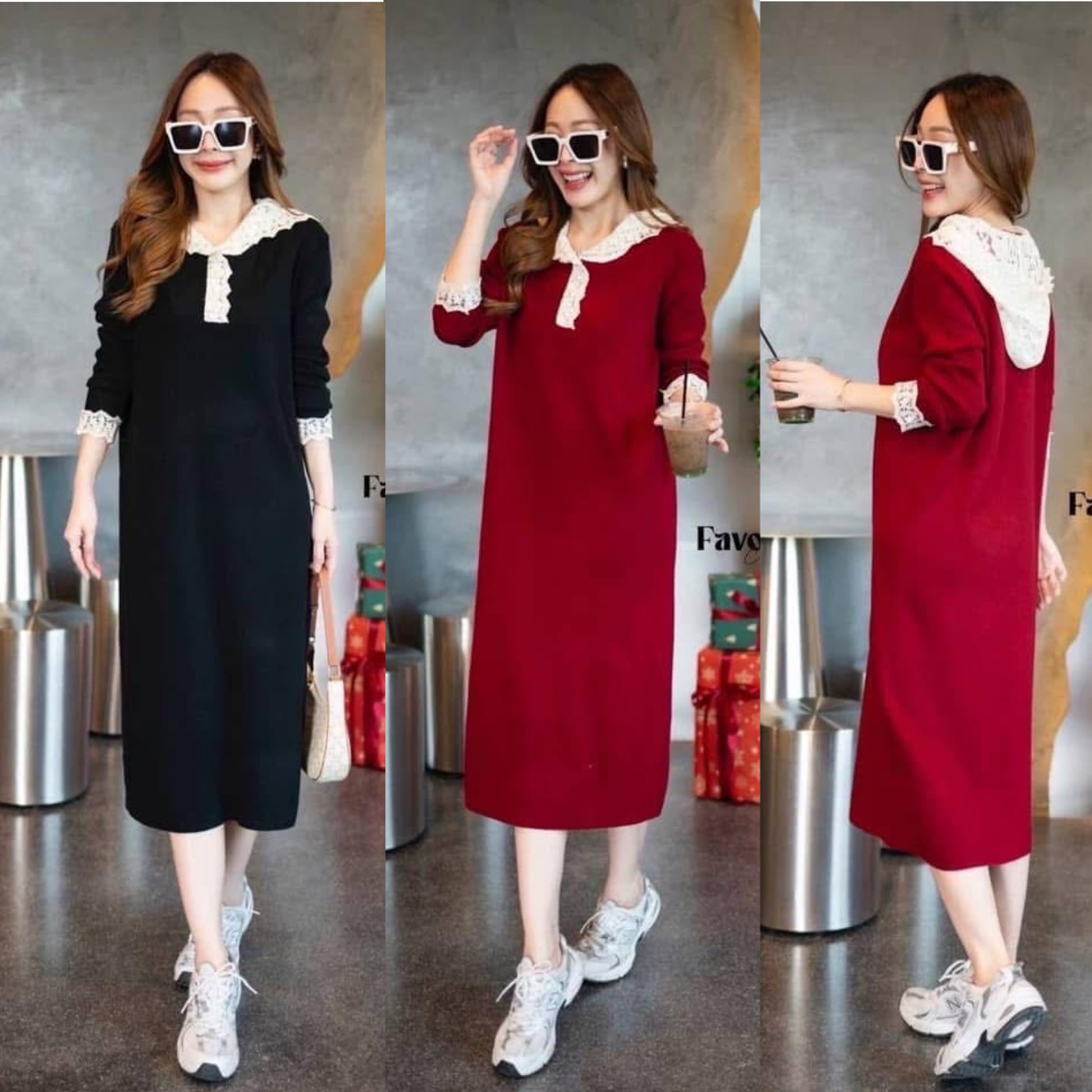 เดรสไหมพรมแต่งฮู้ดลูกไม้ ใส่สบาย : สินค้าคุณภาพ (พร้อมส่ง)