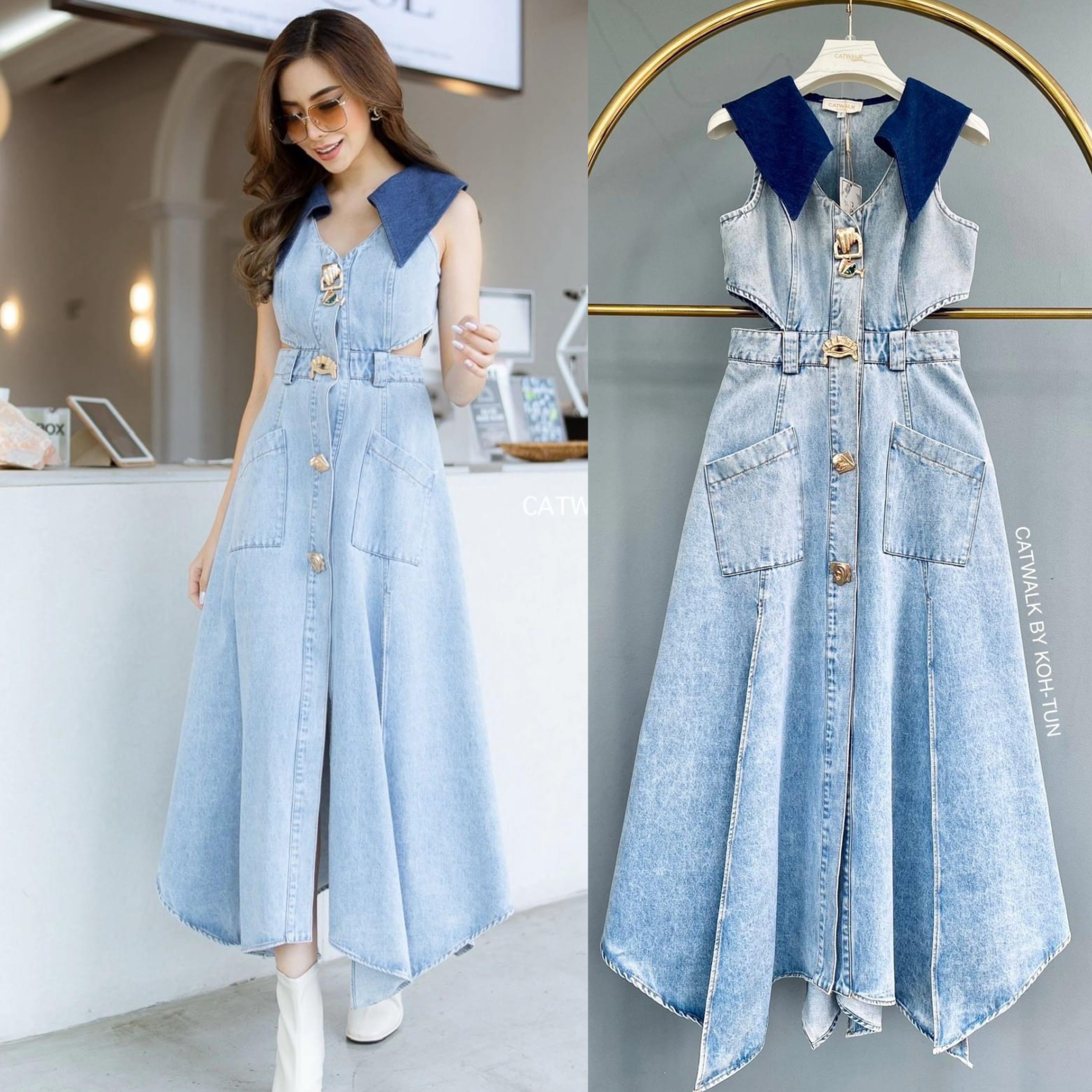 แม็กซี่เดียวรสยีนส์เว้าเอว ผ้ายีนส์ฟอกสี ตัวชุดช่วงบนเป็นทรงเข้ารูปแขนกุด ใส่สบาย สินค้าคุณภาพ (พร้อมส่ง)