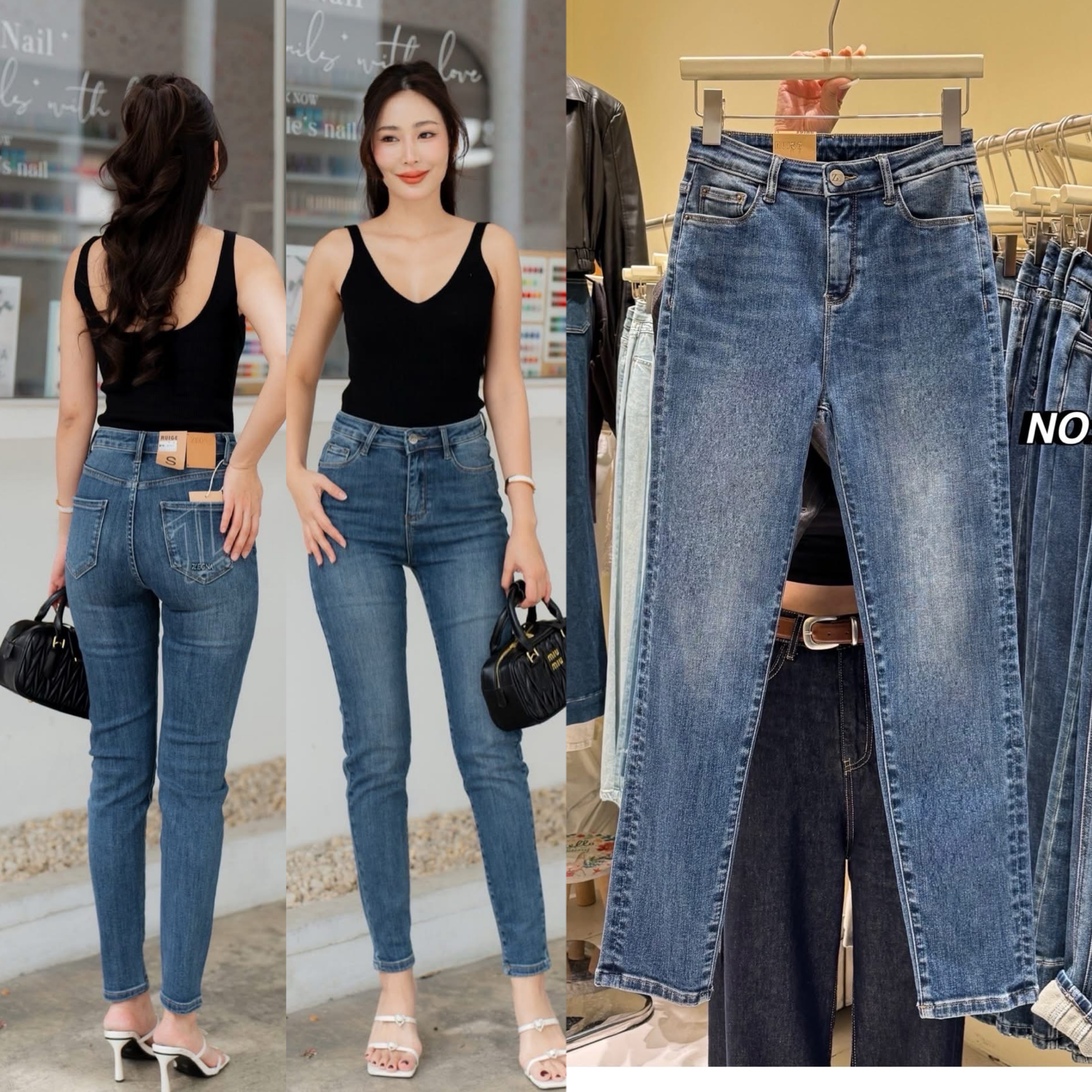 กางเกงยีนส์ยืดขายาว ทรงเอวสูงงง ดีไซน์ทรงเรียบๆ ตรงกระเป๋าหน้าหลังข้างหนึ่งโลโก้เก๋มาก งานสวยมากๆๆ พร้อมด้วยป้ายหนังดูแพงสุดๆ ใส่สบาย : สินค้าคุณภาพ (พร้อมส่ง)