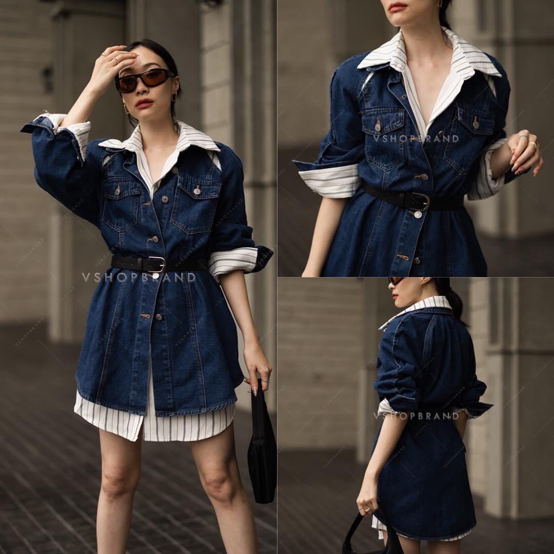 Set เดรสยีนส์เว้าไหล่ +เสื้อเชิ้ตลายริ้ว + เข็มขัด . สินค้าคุณภาพ (พร้อมส่ง)