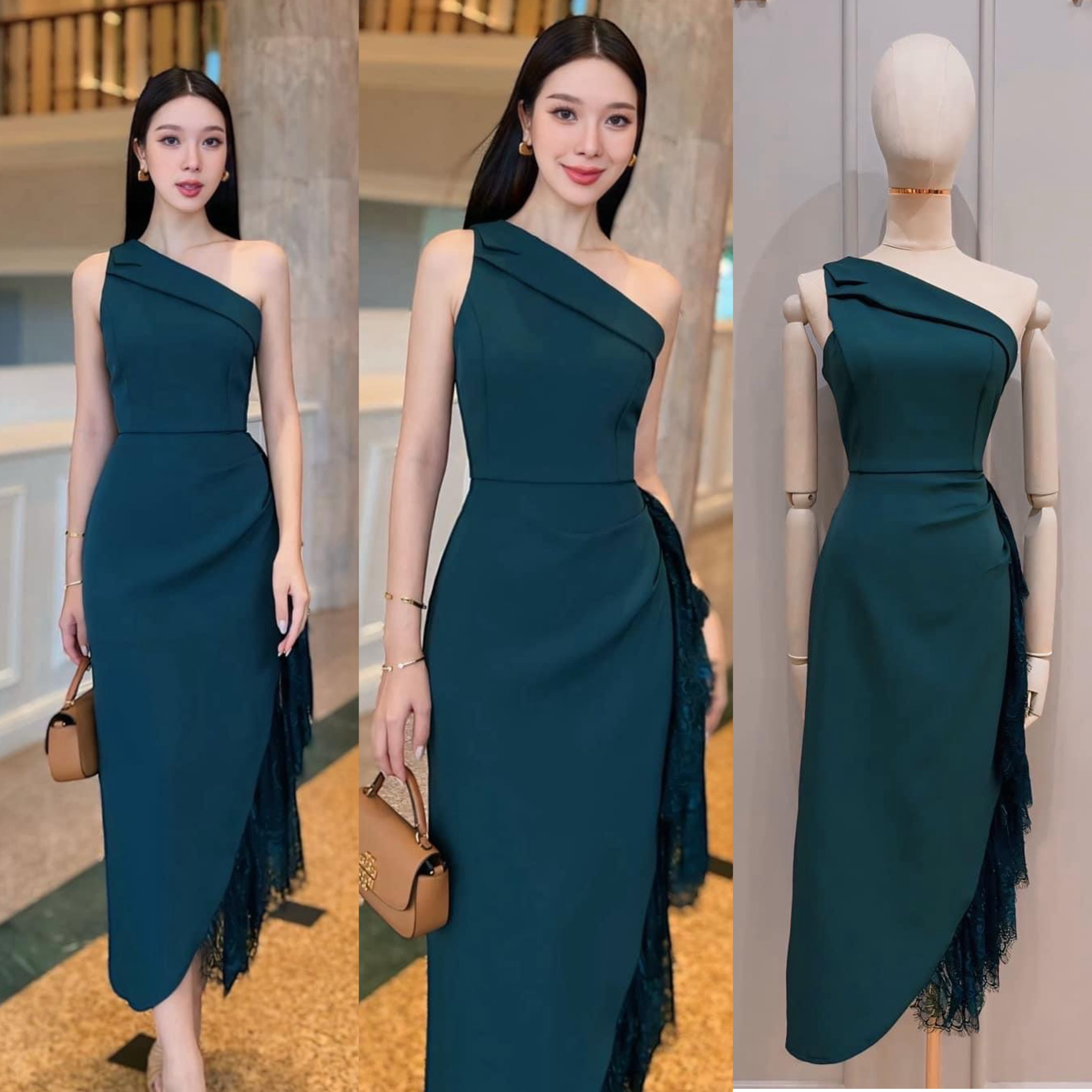 เดรสดีไซน์ไหล่เฉียง ช ตัวเดรส ใช้เนื้อผ้าเกรดพรีเมี่ยมทั้งตัว ดีไซน์กระโปรงทรง สอบตกแต่งระบายด้วยผ้าลูกไม้ไล่ระดับด้านข้าง งานมีซับใน ซิปหลัง ใส่สบาย : สินค้าคุณภาพ (พร้อมส่ง)