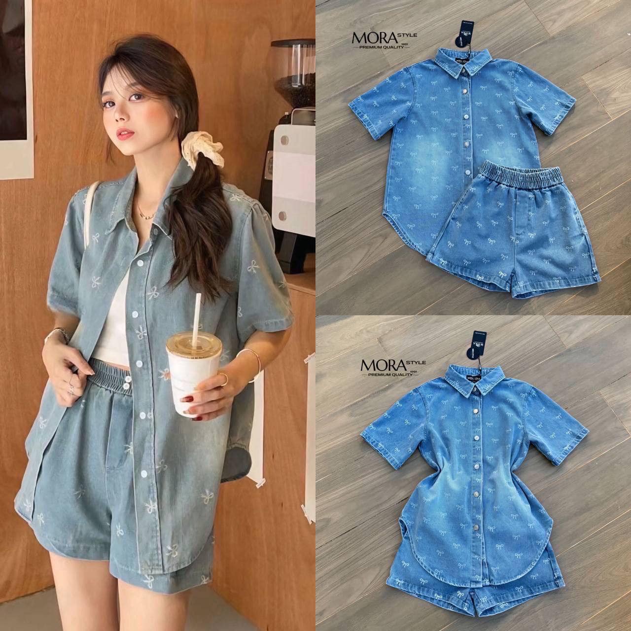 เซ็ตยีน 2 ชิ้น เสื้อกระดุมหน้าใช้งานได้จริง มาพร้อมกับกางเกงเอวสม็อกทรงสวย แต่งลายโบว์เล็กทั้งเซ็ต ใส่สบาย : สินค้าคุณภาพ (พร้อมส่ง)