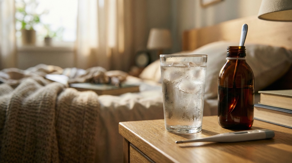 แก้วน้ำเย็นวางคู่กับยาแก้ไอและปรอทวัดไข้ สื่อถึงการดูแลสุขภาพเมื่อมีอาการเจ็บคอ