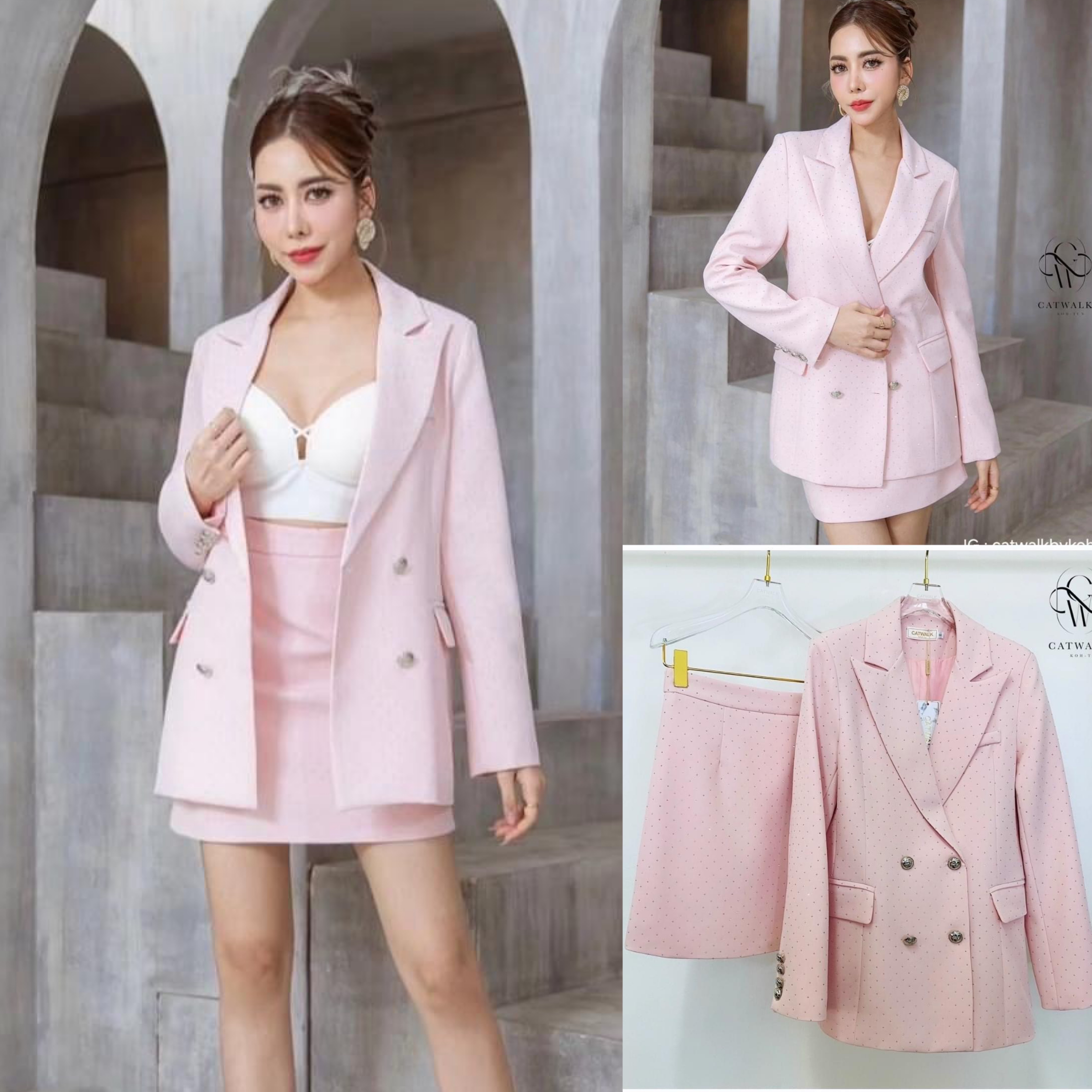 เซตัวสูท แต่งเพชร+กระโปรง เนื้อผ้าเกรดเอ เนื้อผ้ามีเพชร เม็ดเล็กทั้งตัว ใส่สบาย สินค้าคุณภาพ (พร้อมส่ง)