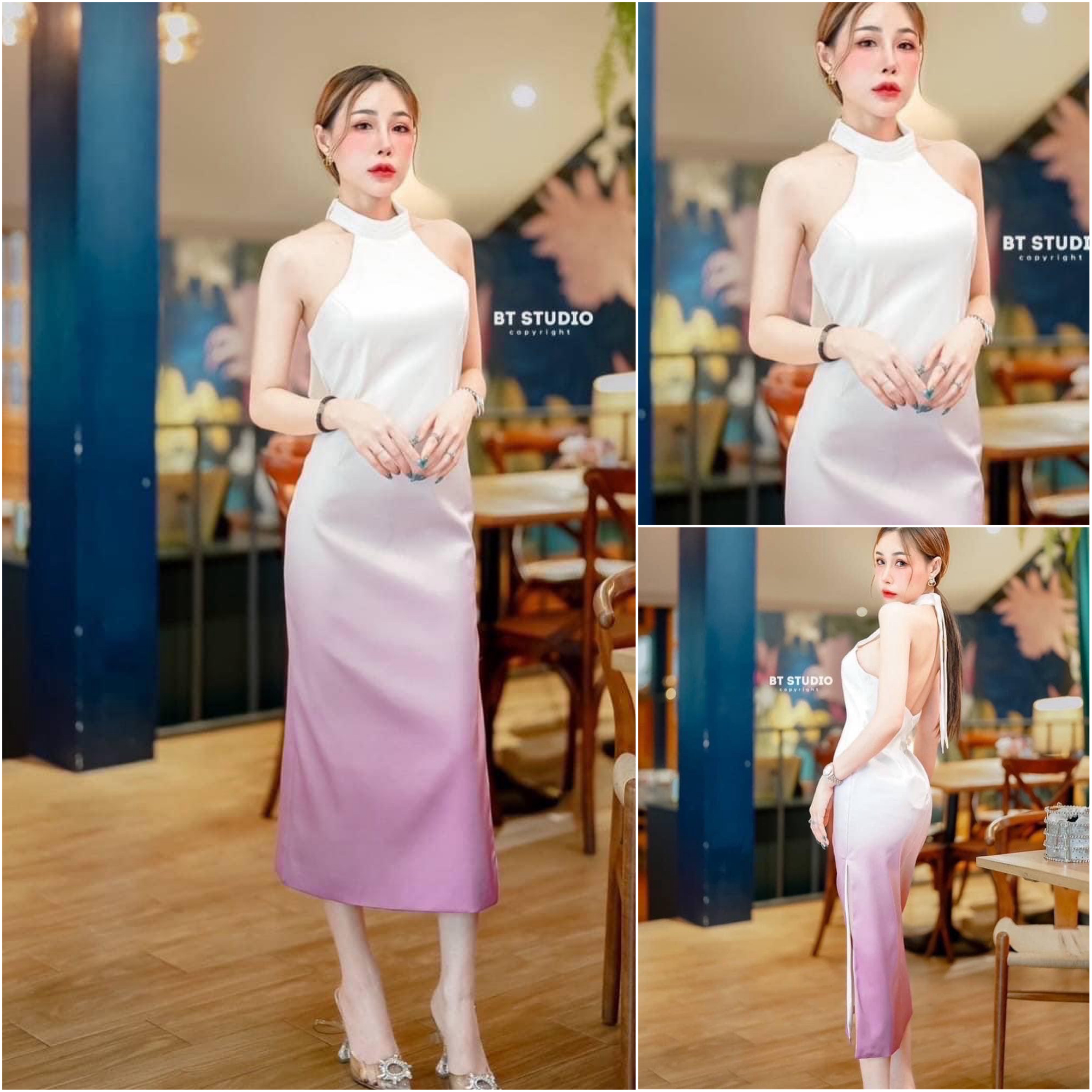 แม๊กซี้เดรสแขนกุดคอปิดช่วงคอแต่งแทบเป็นชั้น ๆ ผ่าข้าง ด้านหลังเว้าแต่งสายโบห้อยจากคอปิดหลังเล็กน้อย งานดีไซส์แต่งไล่สีครีมไล่สีไปสีชมพู ใส่สบาย : สินค้าคุณภาพ (พร้อมส่ง)