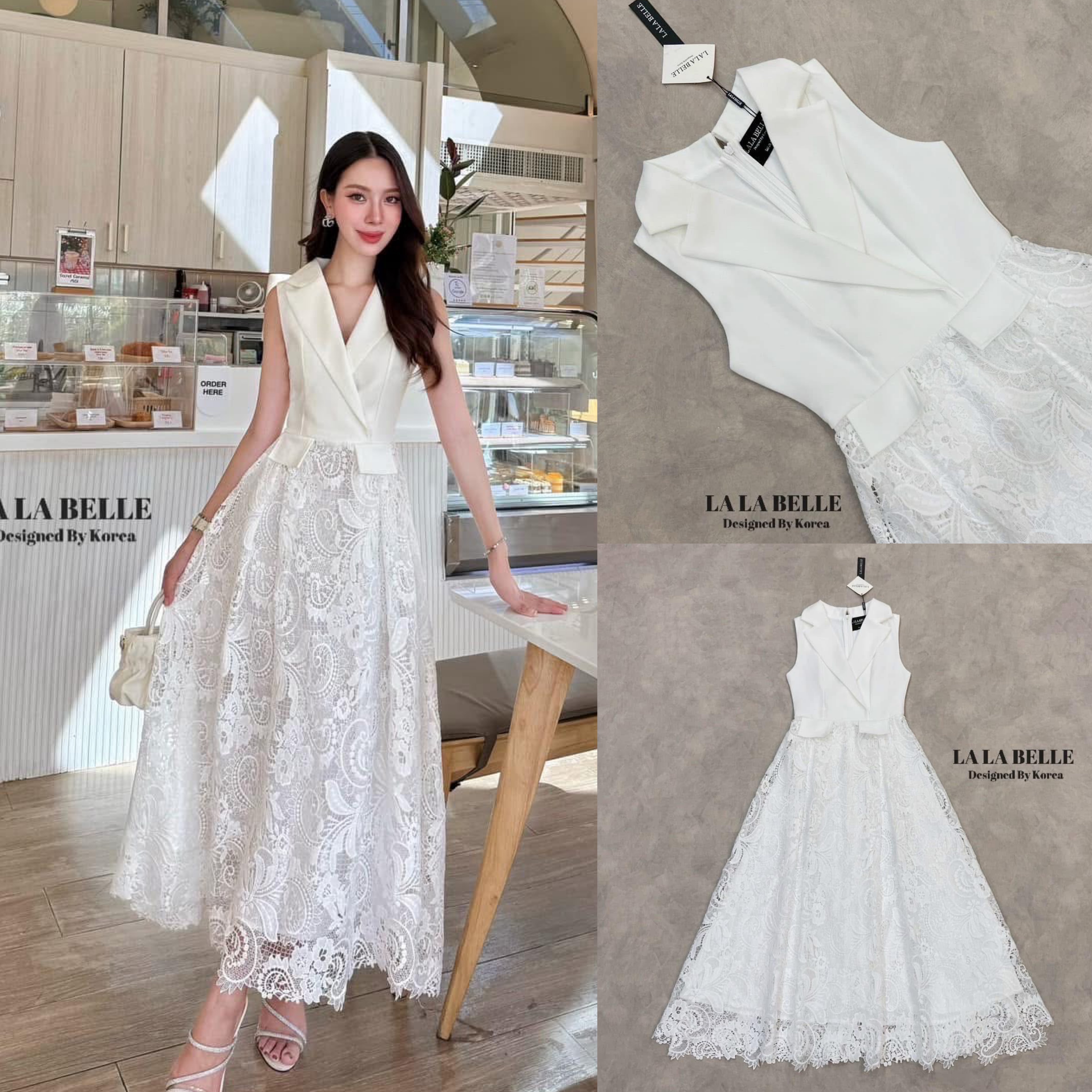 เดรสเจ้าหญิงสวยหรูดูแพงทรงช่วงเสื้อเป็นทรงสูทคอปกแขนกุดติดกระดุมแป๊กใส่ด้านในซิปหลังเอวเข้ารูปกระโปรงลูกไม้เนื้อดียาวจับจีบหน้ามีซับใน ใส่สบาย : สินค้าคุณภาพ (พร้อมส่ง)